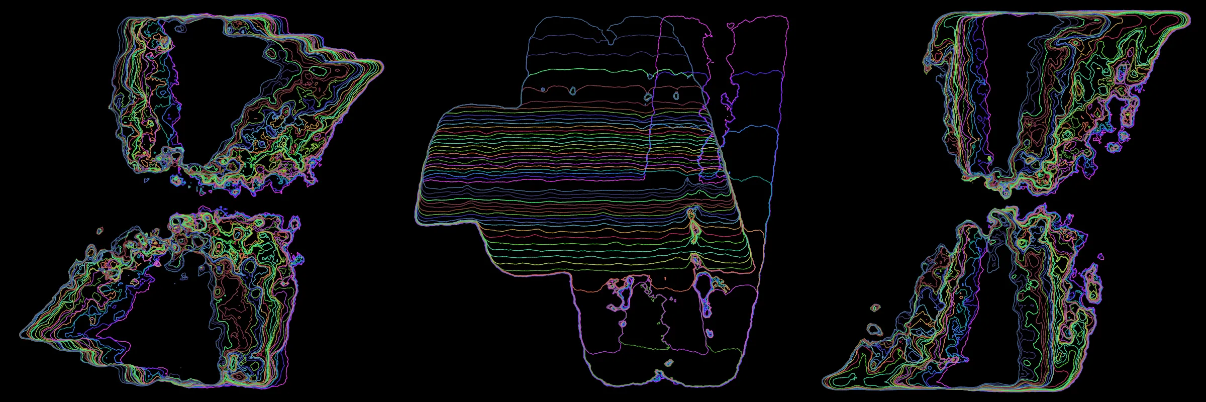 Primordial presents forms as diverse as those found in the natural world. The emergent system powering Primordial is capable of generating this diversity but is hard to control. After the initial generation there is a curation step; forms must meet certain criteria or the algorithm replaces them.

The forms produced by Primordial are presented in a triptych, as comparing multiple outputs is fundamental to understanding a generative algorithm. Primordial attempts to generate triptychs where the individual forms are related, and the results can be surprisingly harmonious or discordant.

Once the triptych is finalized, click on one of the forms to redraw a previous image. Press s to save the entire triptych, or 1-3 to save an individual image.