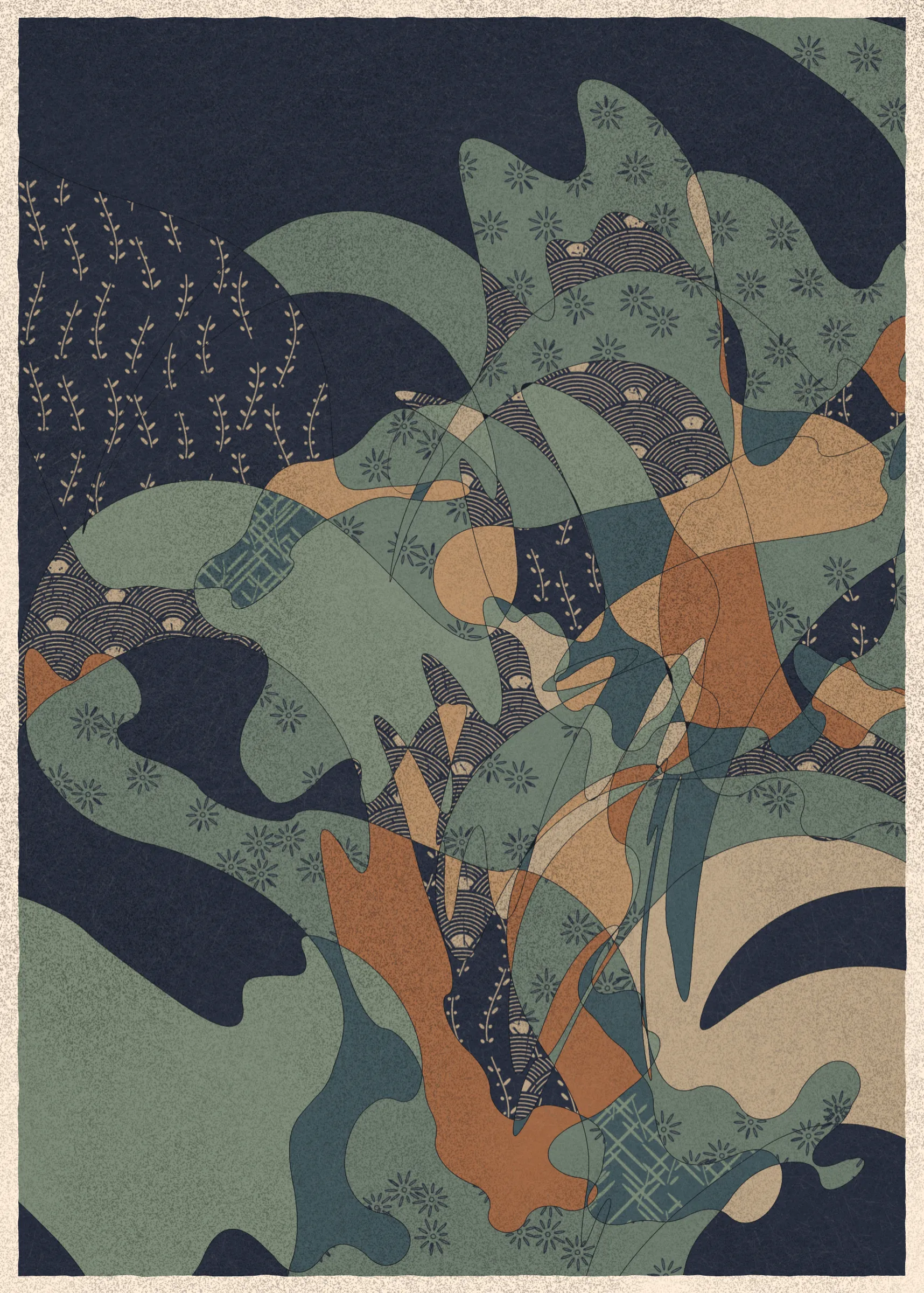 Memories of Qilin is inspired by traditional East Asian art. It channels the sense of movement and fluidity found in classical Chinese brushwork, while drawing from the colors, patterns, and forms of ukiyo-e woodblock prints. 

The series explores elements of folklore, evoking the mythological imagery of dragons, phoenixes, flowers, and mountains.  The title references a fabled chimerical beast found throughout East Asian mythology (while the qilin is its Chinese name, it is also known in Korea as the girin and Japan as the kirin) that represents prosperity and luck.

Viewers are invited to interpret elusive forms that verge on representation. As with the stories passed on through generations, each piece is imagined, organic, and ever-in-flux.