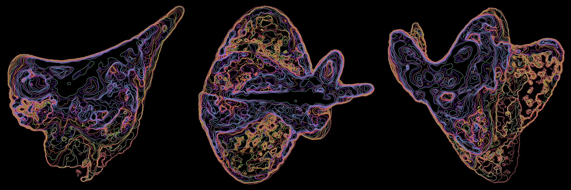 Primordial presents forms as diverse as those found in the natural world. The emergent system powering Primordial is capable of generating this diversity but is hard to control. After the initial generation there is a curation step; forms must meet certain criteria or the algorithm replaces them.

The forms produced by Primordial are presented in a triptych, as comparing multiple outputs is fundamental to understanding a generative algorithm. Primordial attempts to generate triptychs where the individual forms are related, and the results can be surprisingly harmonious or discordant.

Once the triptych is finalized, click on one of the forms to redraw a previous image. Press s to save the entire triptych, or 1-3 to save an individual image.