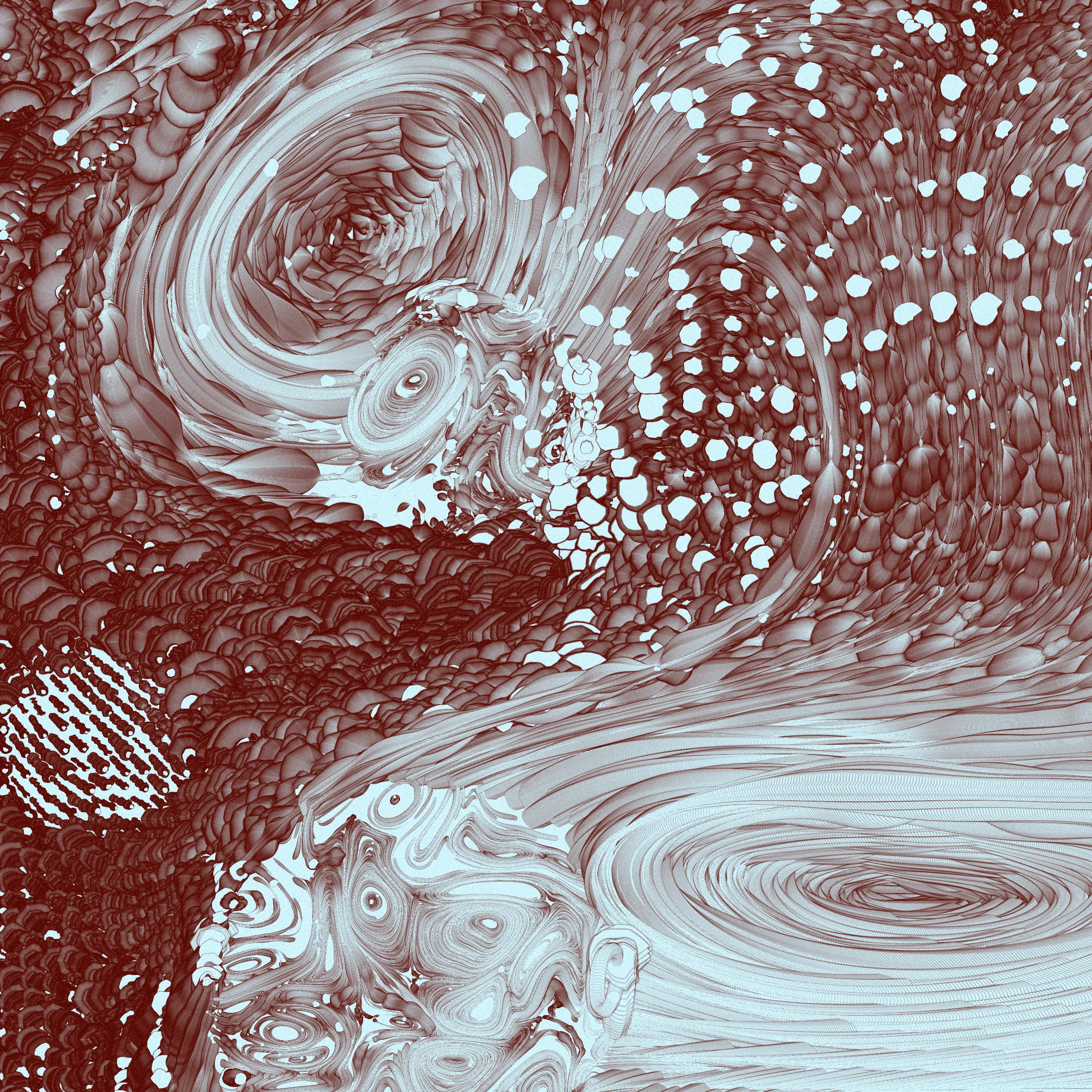 Drifting apart as the little islands that we are, you may ask yourself
_What is bigger - the inner space or the outer?_

This project was inspired by the multitudes we keep within us. The harsh shadows and the combination of pure 2d rendering with a 3d effect mimic feelings of separation from the rest of the world. Their undetermined scale reflects the seemingly unlimited depths of consciousness.

_The Inner World_ starts its rendering from one or more circular cores representing the centers of our personalities. Each of these cores spawns various thoughts and emotions, flowing as tendrils through the scene, making connections among themselves or reaching for the outside. Their movement ranges from straight and orderly to (seemingly) chaotic, sometimes twisting the clean underlying personality center into a completely different shape. Two rendering styles (illustrative and shaded) with palettes ranging from cool, gloomy and serious to cheerful or dramatic reflect the variety of predispositions.

While waiting for the rendering to complete, look at the focus animation highlighting the circular cores of your piece. You're invited to spend this time pondering how everything you know, everything you have or will ever experience, and even the most majestic sights from stars to microbes fit into the space between your ears.