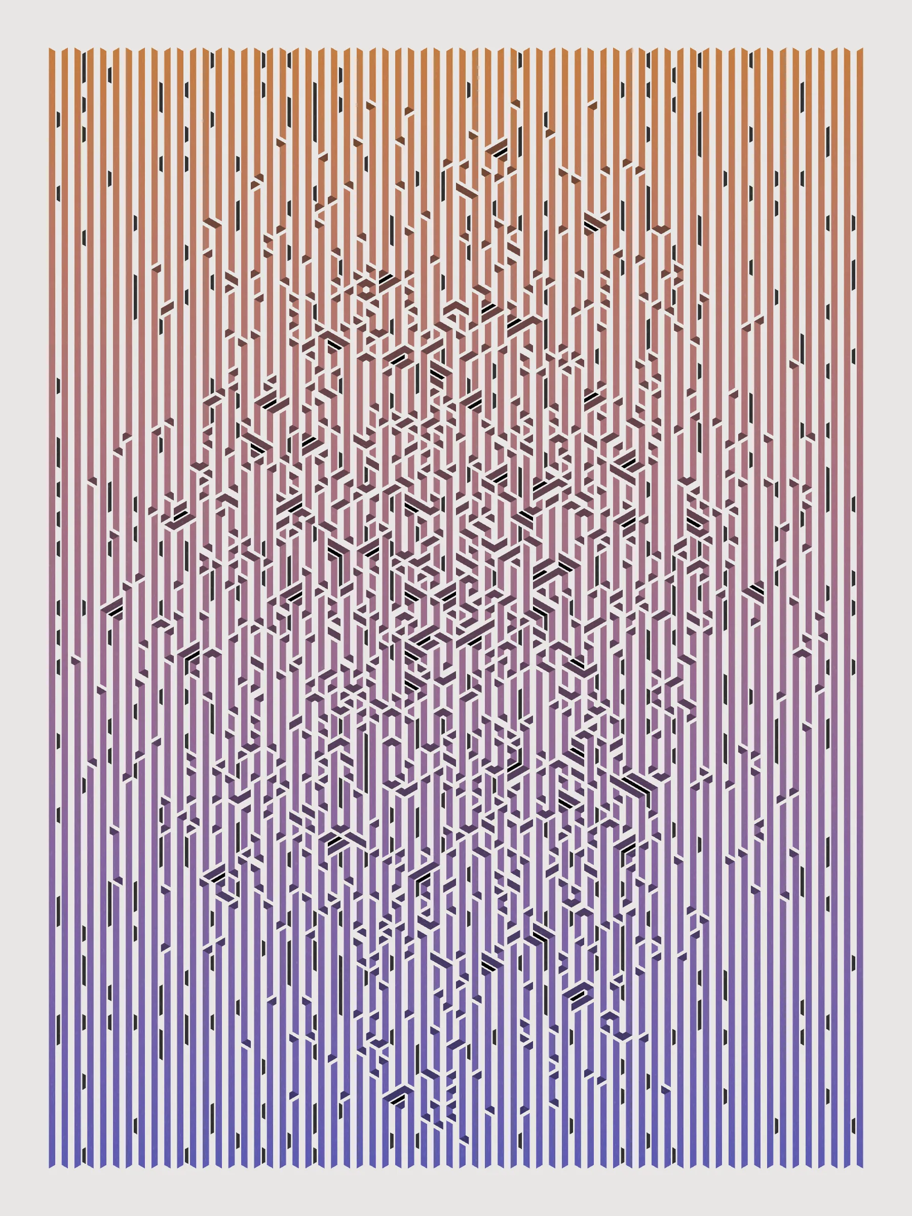 Lines are bent and shaded. There are no wrong turns. 

[Interaction in live view: press 1-7 or left/right arrow keys to see the stages of sketch construction: 1-grid, 2-divide, 3-tile, 4-bend, 5-shade, 6-color, 7-texture].