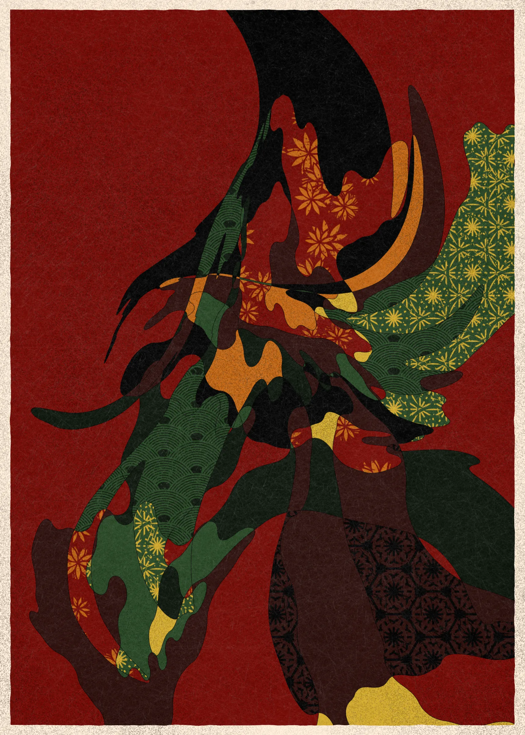 Memories of Qilin is inspired by traditional East Asian art. It channels the sense of movement and fluidity found in classical Chinese brushwork, while drawing from the colors, patterns, and forms of ukiyo-e woodblock prints. 

The series explores elements of folklore, evoking the mythological imagery of dragons, phoenixes, flowers, and mountains.  The title references a fabled chimerical beast found throughout East Asian mythology (while the qilin is its Chinese name, it is also known in Korea as the girin and Japan as the kirin) that represents prosperity and luck.

Viewers are invited to interpret elusive forms that verge on representation. As with the stories passed on through generations, each piece is imagined, organic, and ever-in-flux.