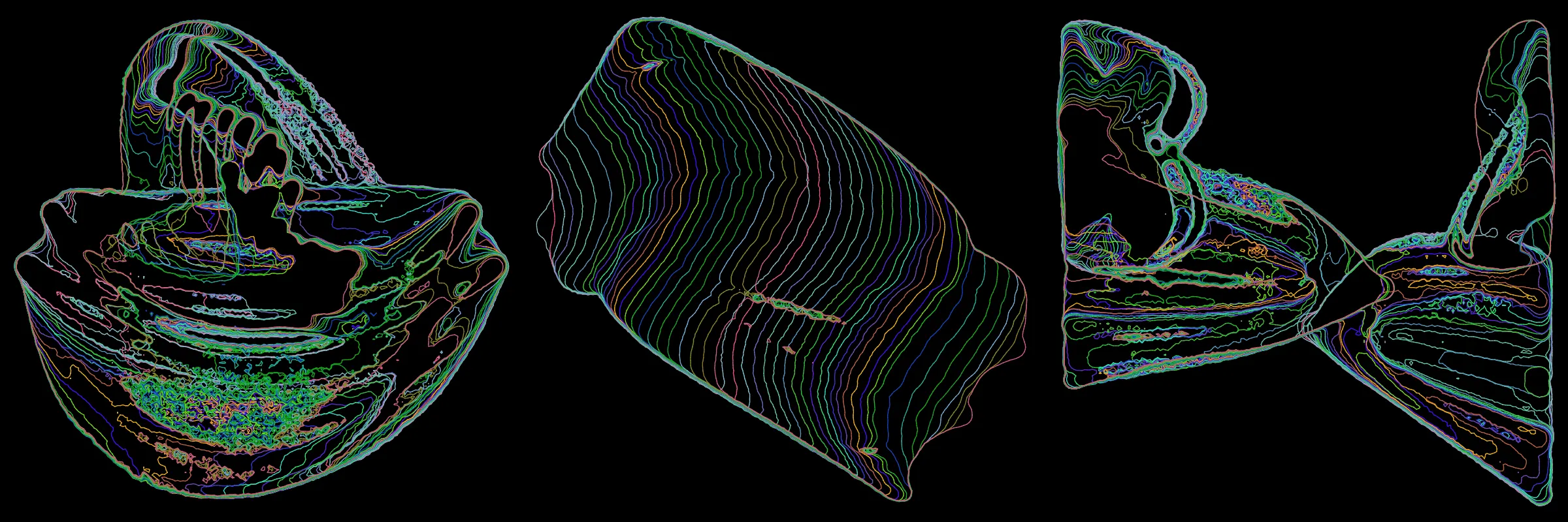 Primordial presents forms as diverse as those found in the natural world. The emergent system powering Primordial is capable of generating this diversity but is hard to control. After the initial generation there is a curation step; forms must meet certain criteria or the algorithm replaces them.

The forms produced by Primordial are presented in a triptych, as comparing multiple outputs is fundamental to understanding a generative algorithm. Primordial attempts to generate triptychs where the individual forms are related, and the results can be surprisingly harmonious or discordant.

Once the triptych is finalized, click on one of the forms to redraw a previous image. Press s to save the entire triptych, or 1-3 to save an individual image.