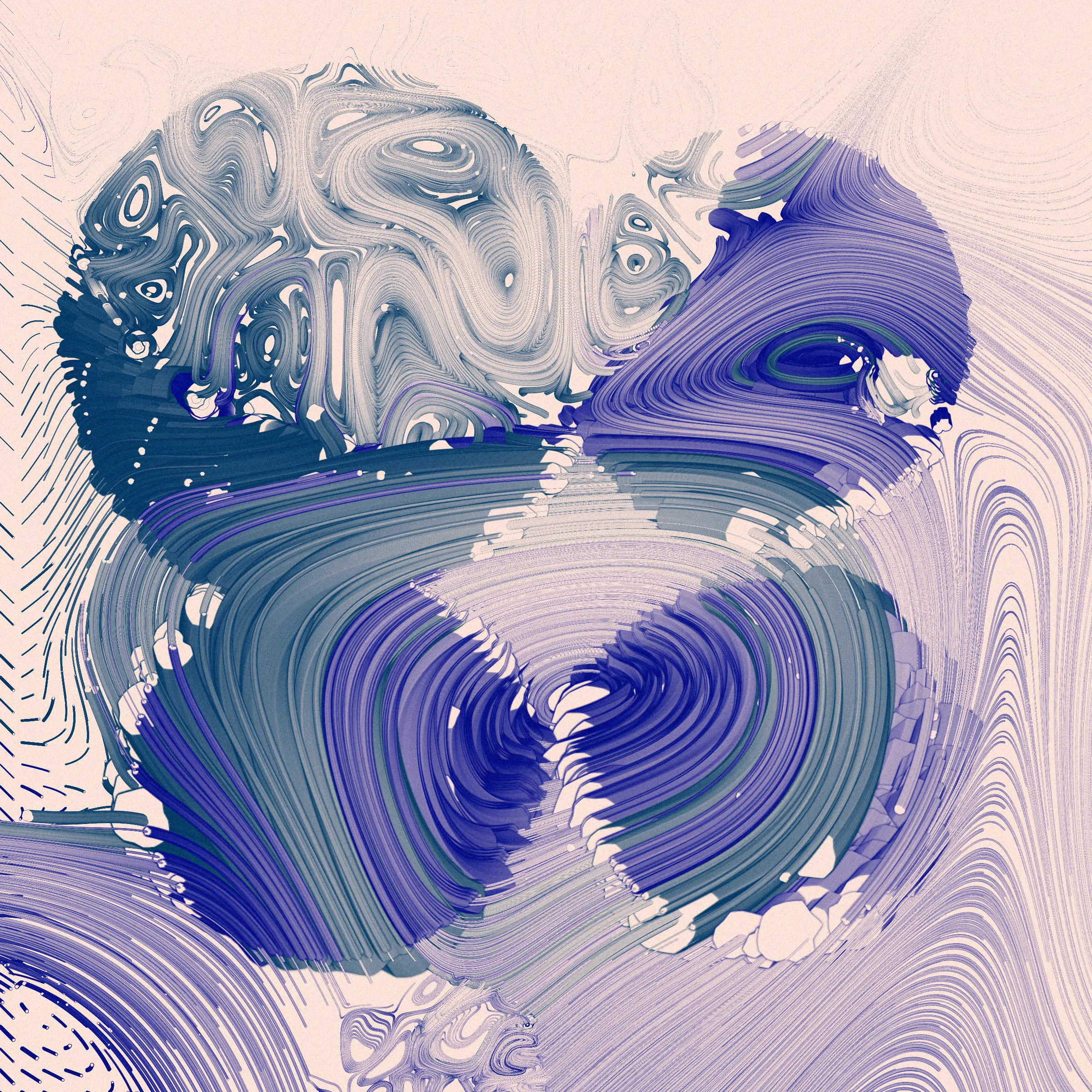 Drifting apart as the little islands that we are, you may ask yourself
_What is bigger - the inner space or the outer?_

This project was inspired by the multitudes we keep within us. The harsh shadows and the combination of pure 2d rendering with a 3d effect mimic feelings of separation from the rest of the world. Their undetermined scale reflects the seemingly unlimited depths of consciousness.

_The Inner World_ starts its rendering from one or more circular cores representing the centers of our personalities. Each of these cores spawns various thoughts and emotions, flowing as tendrils through the scene, making connections among themselves or reaching for the outside. Their movement ranges from straight and orderly to (seemingly) chaotic, sometimes twisting the clean underlying personality center into a completely different shape. Two rendering styles (illustrative and shaded) with palettes ranging from cool, gloomy and serious to cheerful or dramatic reflect the variety of predispositions.

While waiting for the rendering to complete, look at the focus animation highlighting the circular cores of your piece. You're invited to spend this time pondering how everything you know, everything you have or will ever experience, and even the most majestic sights from stars to microbes fit into the space between your ears.