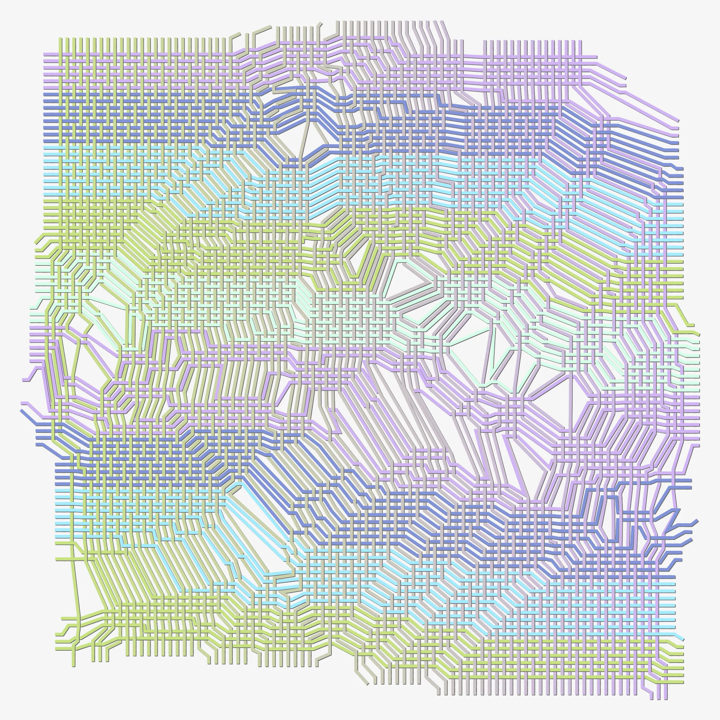Horizontal and vertical threads weave together guided by a punching card generated at the moment of transaction. Often randomness distorts the orderly woven pattern. Thread colours are picked from a single colour palette. 10% of the sales from this drop will be donated to charity: water to bring clean and safe water to people in need.