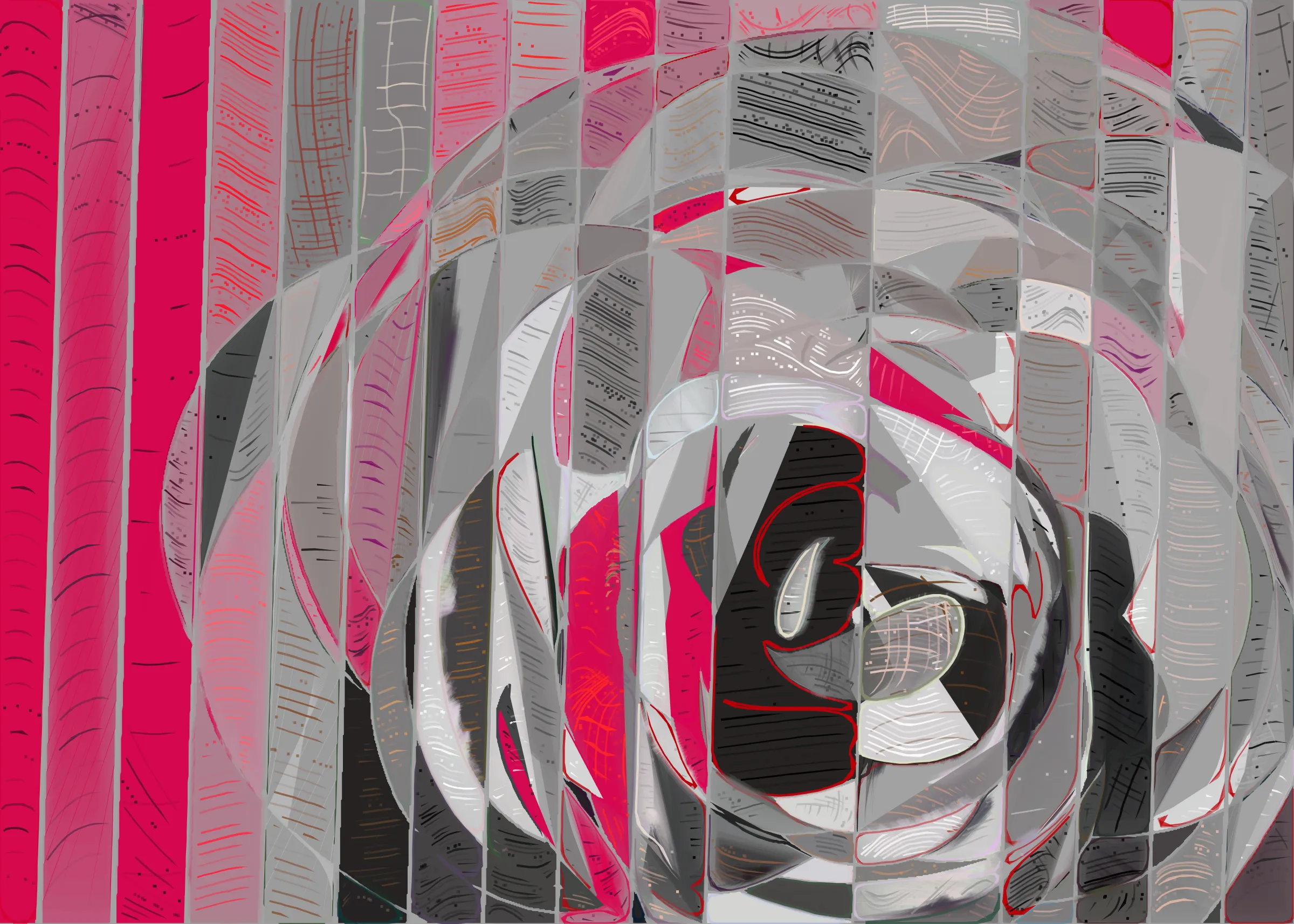 **Running Moon** depicts the nuanced interaction between clouds and moonlight. It is a search for boundaries between structure and fluidity, precision and errors. It is a quest for harmony. 

The rendering of **Running Moon** is inspired by stained glass and watercolor. It captures the sharpness of the glass and the softness of light using abstract forms. As organic shapes gradually expand to fill the space, brush-pen-like stripes solder these pieces together to form intricate compositions.