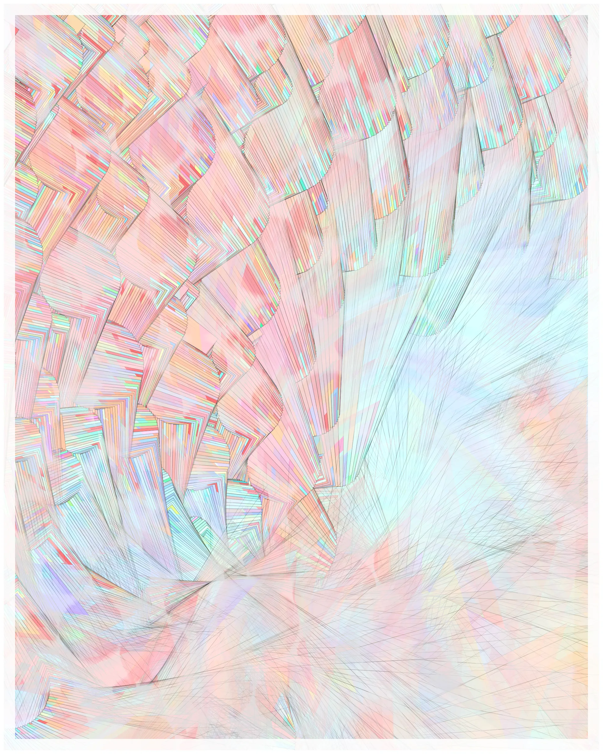_There are no artifacts. There are only interpretations._

Glass is about the illusion of simplicity that cocoons us in our everyday existence. A glance at Glass may suggest a foam of bubbles or pebbles under clear water. But on inspection, these simple pictures dissolve. Instead of disks one finds stacked panes of translucent glass, intersecting and overlapping. There is dissonance between fine-scale chaos and the harmony of the aggregate. In Glass, two levels of reality -- panes of glass and the foam of bubbles -- are brought close together in scale, so that our oversimplified impression yields a palpable disquiet.

What appears simple is often anything but. Consider a standard wooden desk. To our eyes, it looks solid and continuous, but we know that it is made of atoms, tiny electrons orbiting nuclei. And these subatomic particles are themselves not like miniature solar systems, but creatures of quantum mechanics, stranger than we can imagine. The vast difference in scale between the atomic and the macroscopic hides this complex reality, but fundamentally it is the same phenomenon shown here.

Glass continues my exploration of emergence. While in previous work I explored how simple systems can create complex, emergent forms, here the interest is in the converse: how coherence is often deceptive, masking a complex underlying reality.

Glass draws on the aesthetic of Shin Hanga artists Hiroshi Yoshida and Kawase Hasui, and abstract expressionist Sonja Sekula. In live view, Glass has ambient motion: the shadows evolve, imperceptibly slowly.

The following variations & controls are possible. You may need to click on the canvas before they are active. For a high-resolution output, use the pixel density controls. For example, on a standard laptop, an image saved at pixel density 5 will be approximately 3200 x 4000 pixels, and therefore suitable for printing at ~ 11" x 13" at 300 dpi.

Variations (require redrawing):

f -- fit-to-screen on/off
o -- outline on/off

Controls:

s   -- save as png
spacebar  -- pause/unpause ( useful to reduce CPU load in Live mode )
b -- border on/off ( useful for printing )
1-9  -- set pixel density (default=2 on retina displays)
+/-  -- increase/decrease pixel density