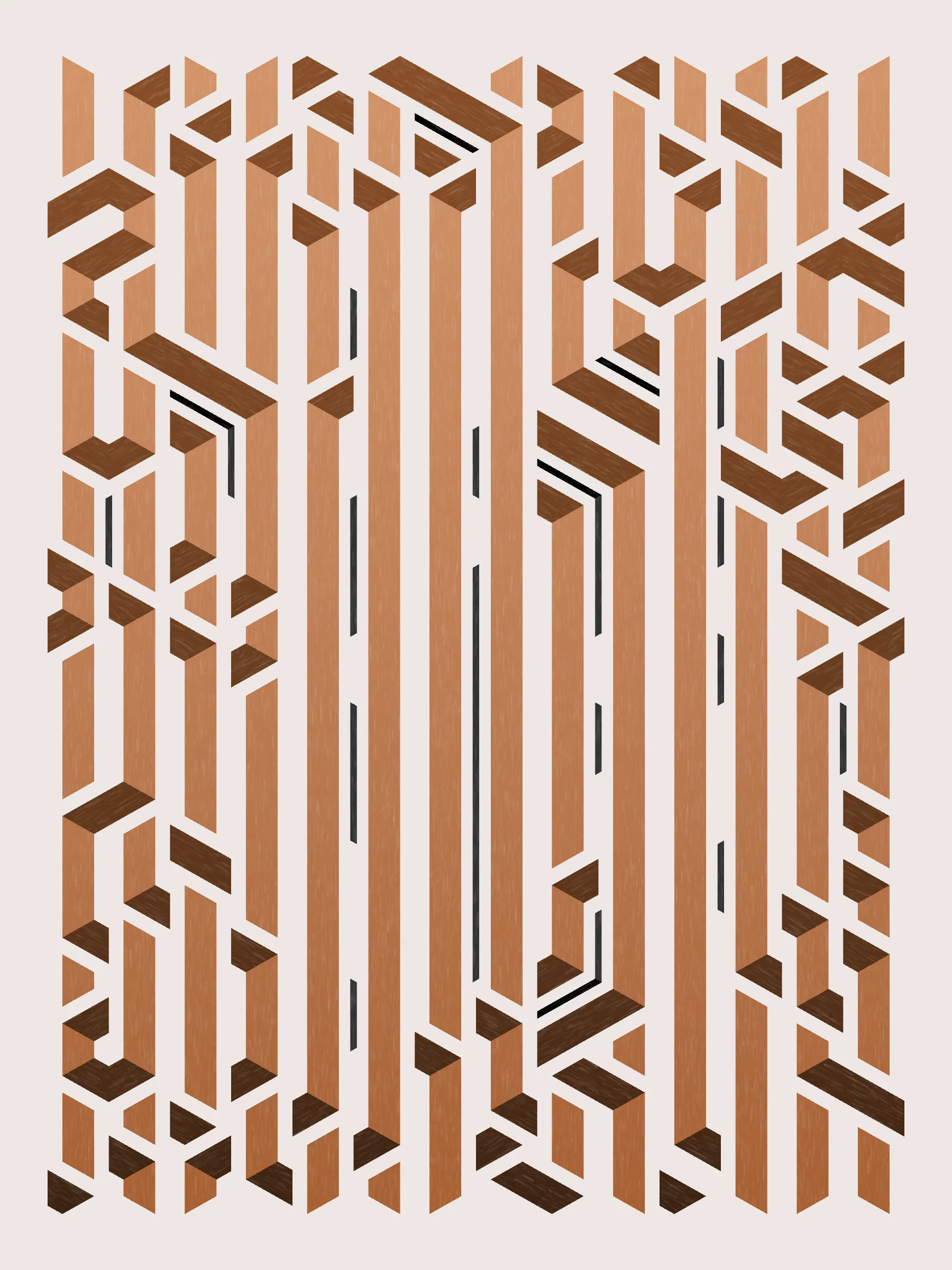 Lines are bent and shaded. There are no wrong turns. 

[Interaction in live view: press 1-7 or left/right arrow keys to see the stages of sketch construction: 1-grid, 2-divide, 3-tile, 4-bend, 5-shade, 6-color, 7-texture].