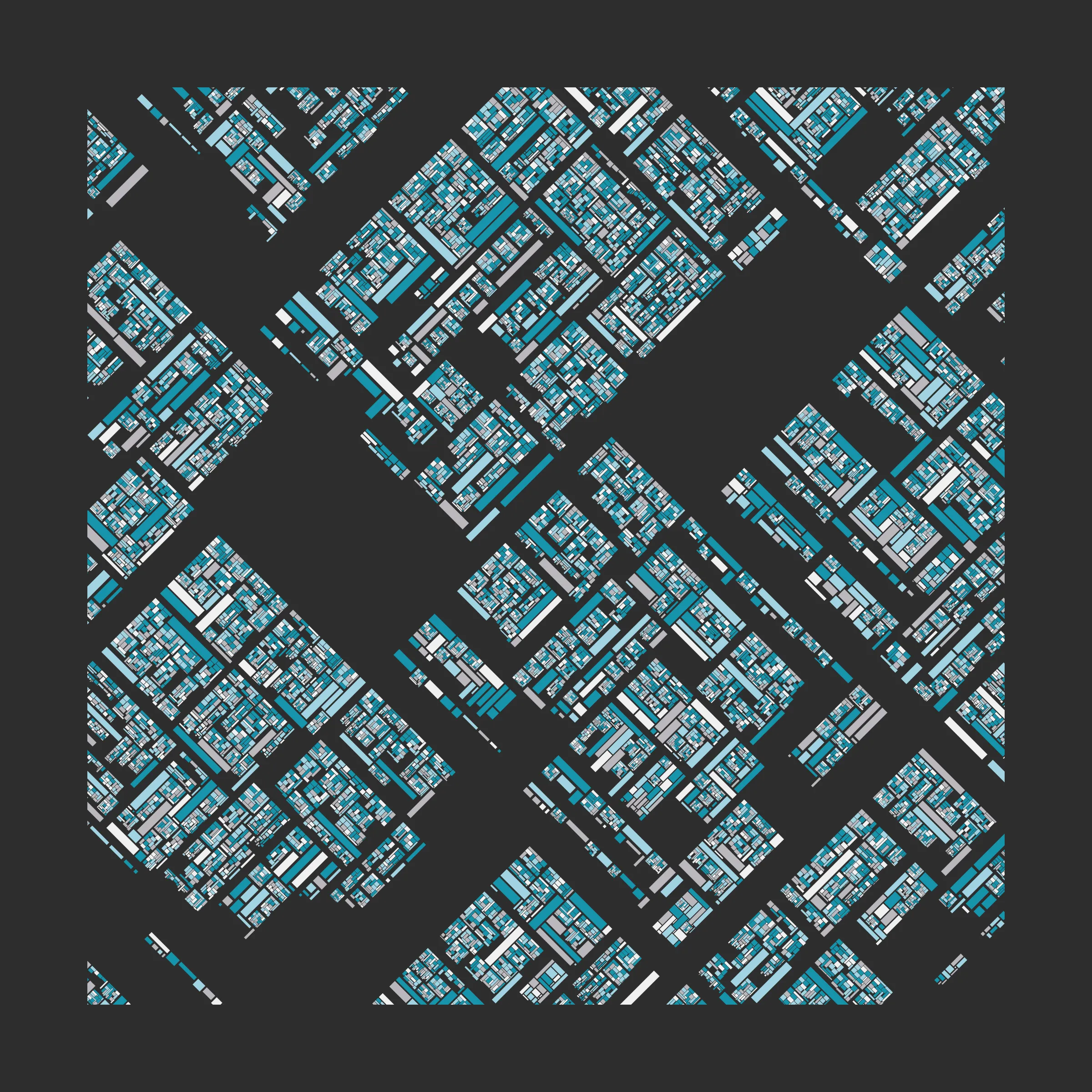 Recursion is a generative art project whose concept is recursion. Each variation starts with a block which is irregularly divided into smaller blocks, which are then divided into smaller blocks, which are then divided into smaller blocks, etc, based on a defined depth (to better visualize this concept, take a look at https://hevey.art/blog/recursion-concept). In this project, even the script is recursive! The script is able to generate a large number of variations and each of these variations is then able to generate its own variations (keeping the same properties) with a single click on the image.