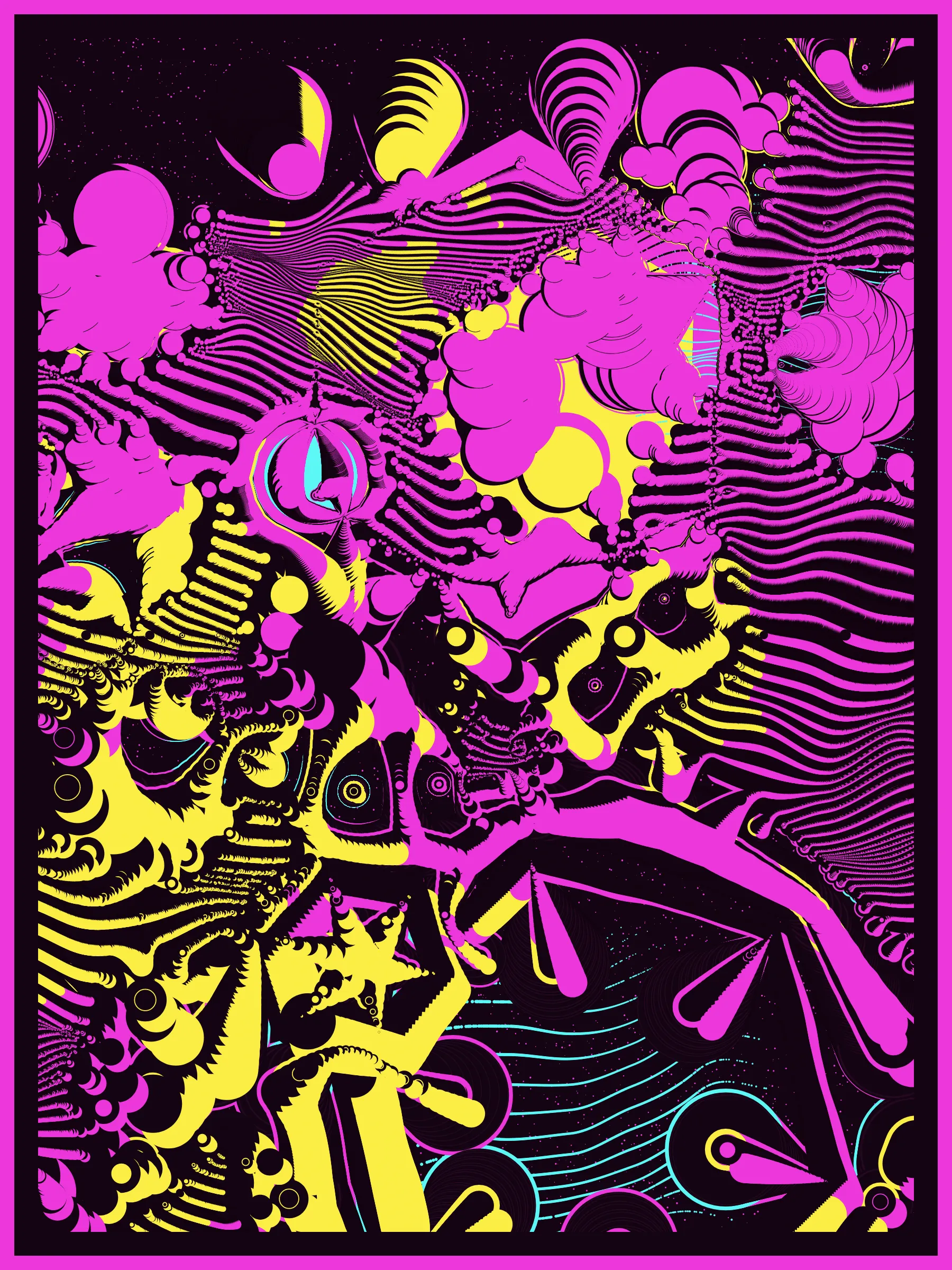 In the year 3075 of the Second Nuclear Age, a laboratory of an unknown race of aliens was discovered on the planet Vtolmr while drilling a well of molecular oil. Its presumed purpose is to study genetic mutations of races from neighboring planets. During the laboratory investigation, 512 silicon impressions with DNA of different alien species were extracted. Modern methods of quantum analysis do not allow the deciphering of the data obtained. At this point, their value is purely aesthetic. But that may change in time.

Press 1 to 9 - change the pixel density
Press "s" - save the image