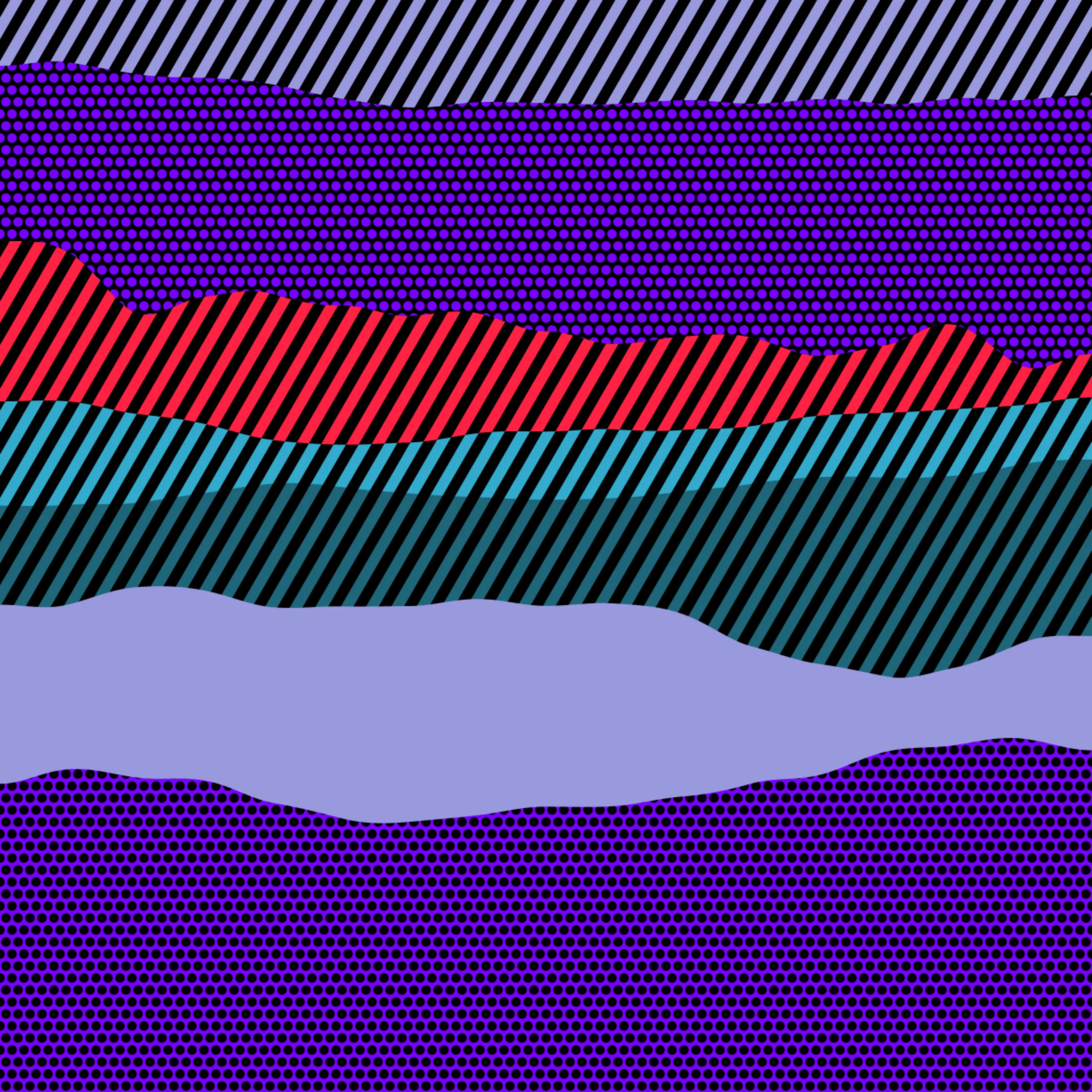An ode to Roy Lichtenstein, incorporating his iconic version of Ben-Day dots, halftone dots, angled stripes, and solid color patches. Inspired by Roy's sea and landscape paintings, each artwork generates a unique combination of patterns, shapes, and colors.