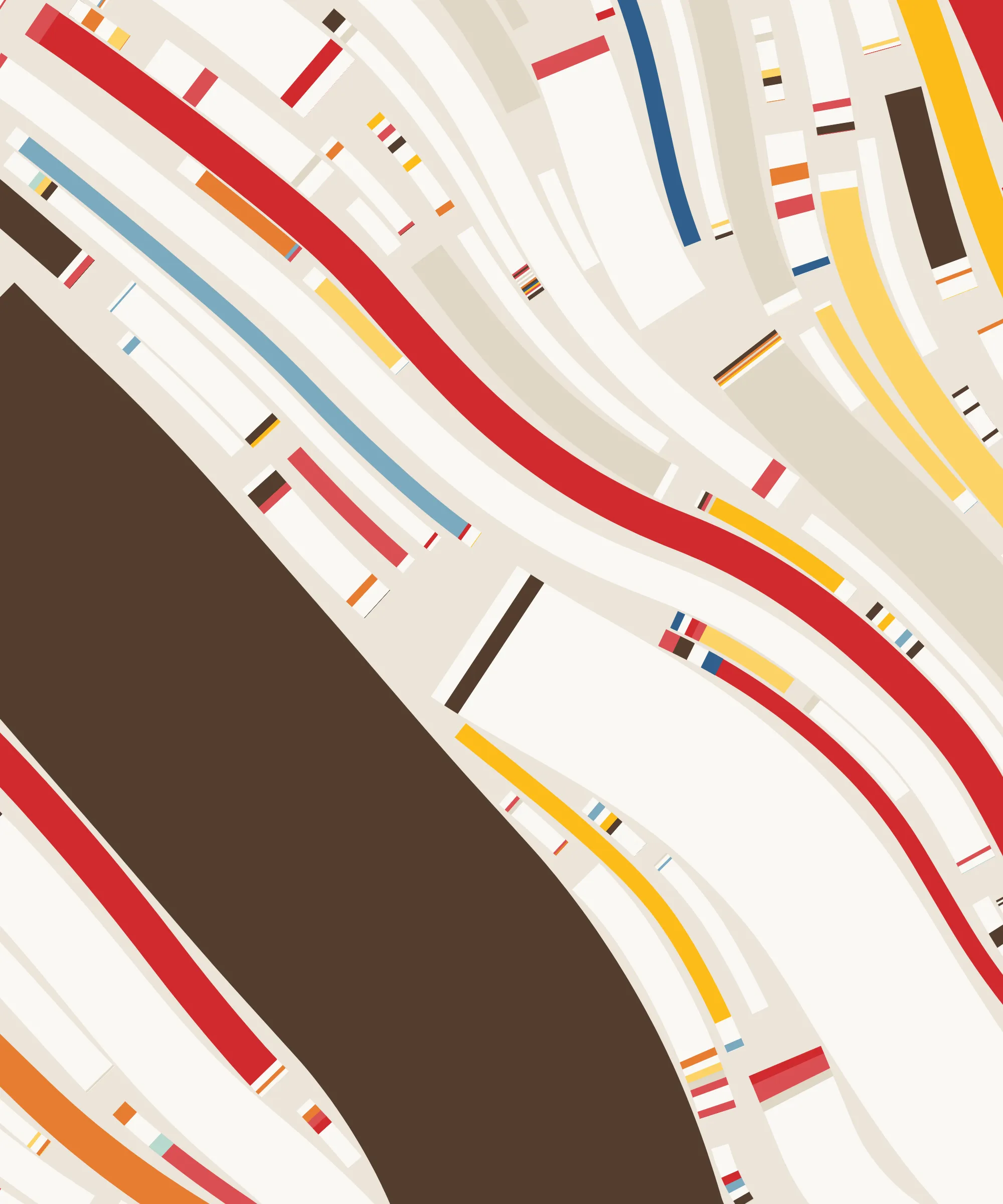 Fidenza is by far my most versatile algorithm to date. Although the program stays focused on structured curves and blocks, the varieties of scale, organization, texture, and color usage it can employ create a wide array of generative possibilities.