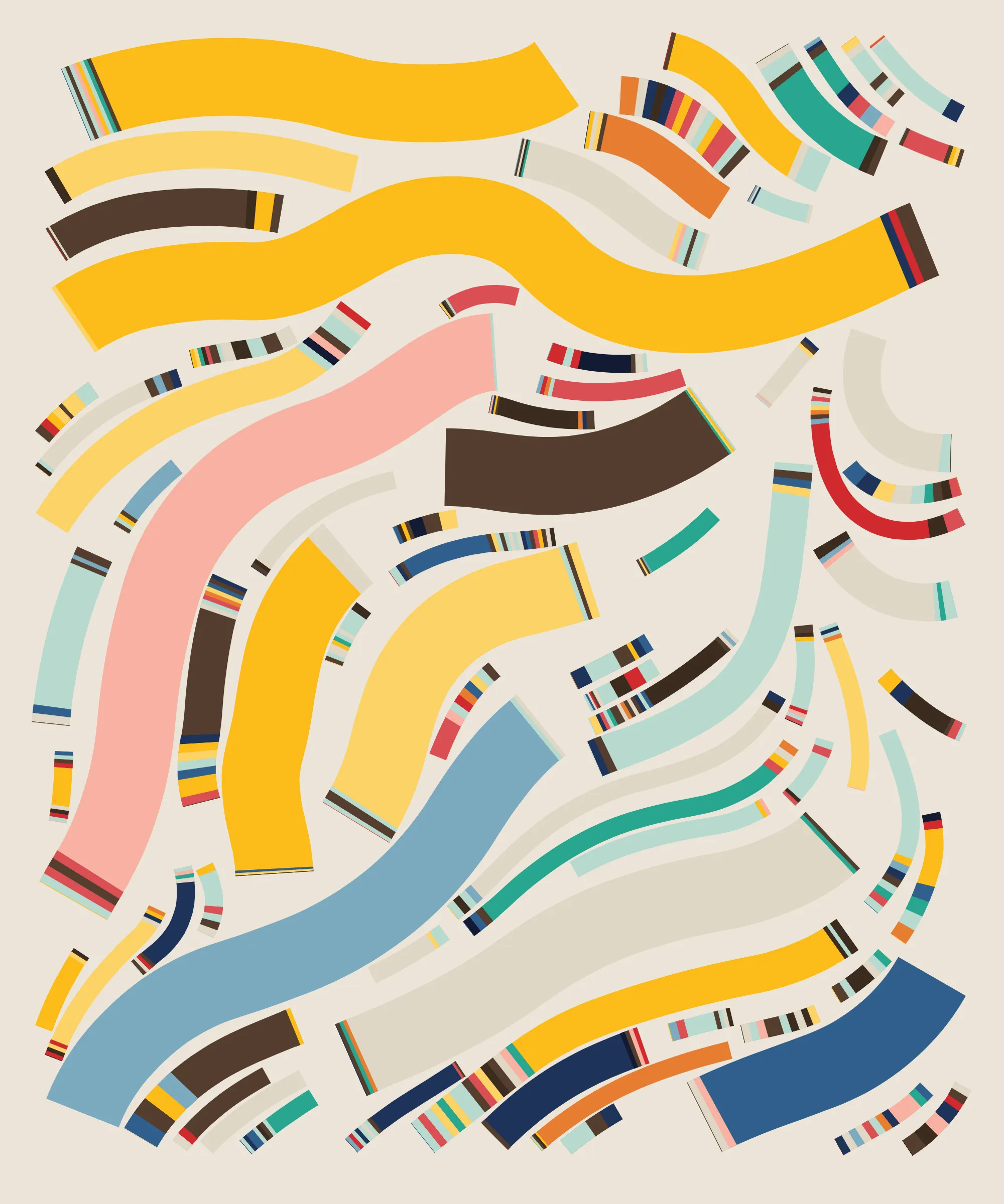 Fidenza is by far my most versatile algorithm to date. Although the program stays focused on structured curves and blocks, the varieties of scale, organization, texture, and color usage it can employ create a wide array of generative possibilities.