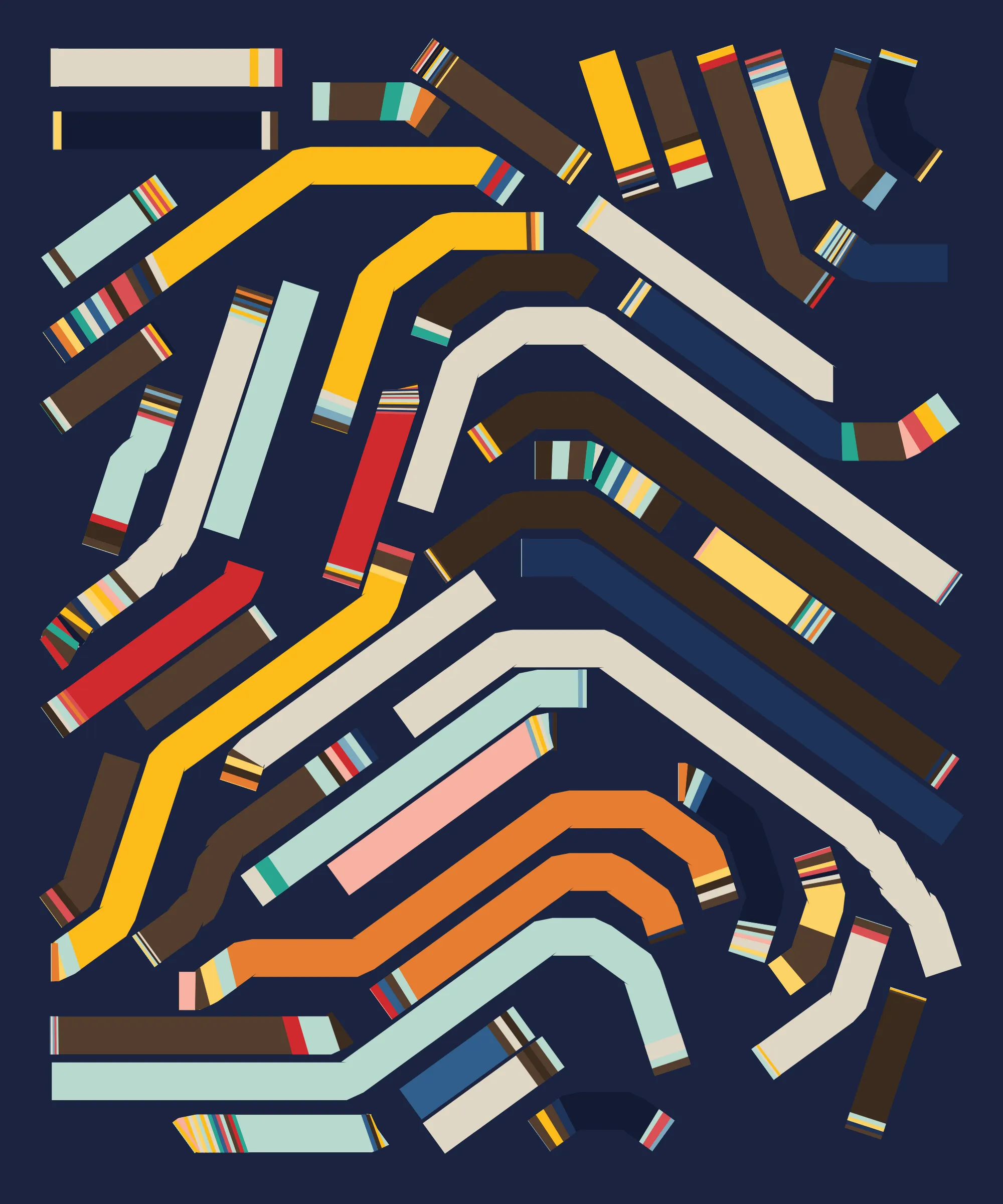 Fidenza is by far my most versatile algorithm to date. Although the program stays focused on structured curves and blocks, the varieties of scale, organization, texture, and color usage it can employ create a wide array of generative possibilities.