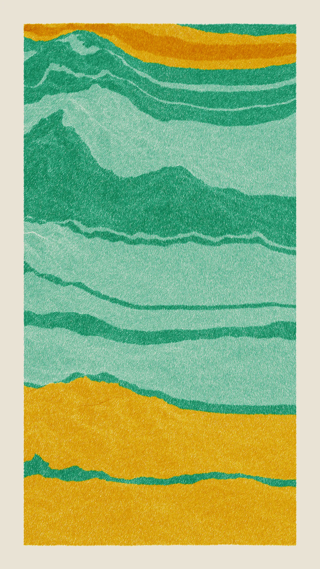 Stratified landforms constructed from many small strokes of colour. The hash of each token describes a coordinate within a multidimensional generative space, locating a unique composition that lies along one of many possible longitudes.