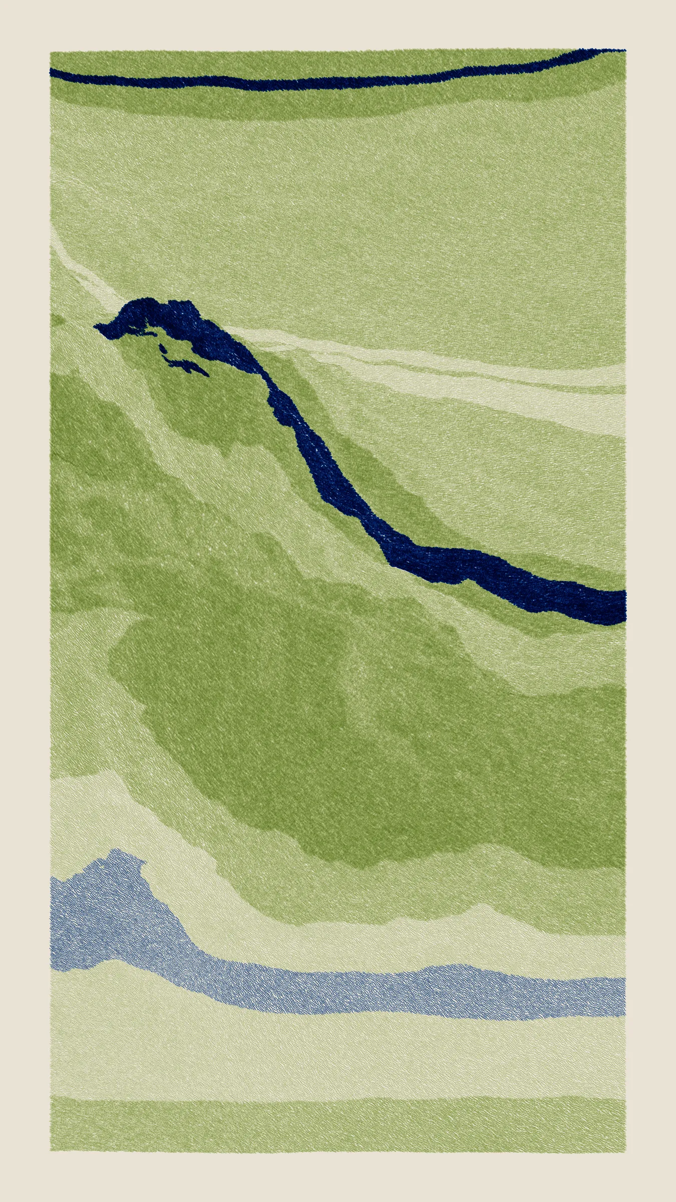 Stratified landforms constructed from many small strokes of colour. The hash of each token describes a coordinate within a multidimensional generative space, locating a unique composition that lies along one of many possible longitudes.