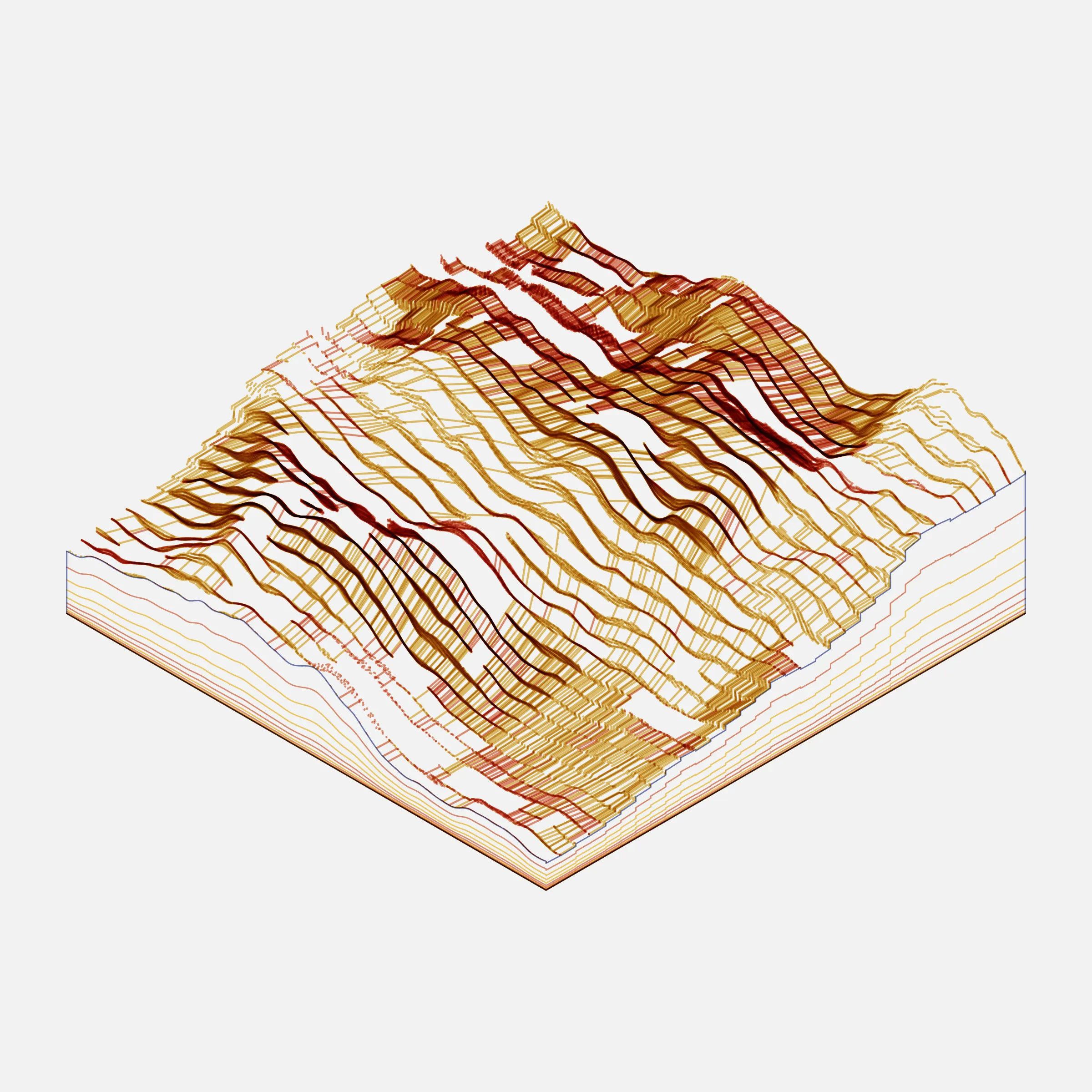 A generative algorithm that draws the impression of a landscape from a multitude of possibilities. The unique seed from each token drives the parametric assortment of lines, colors, and forms into a constructed composition.