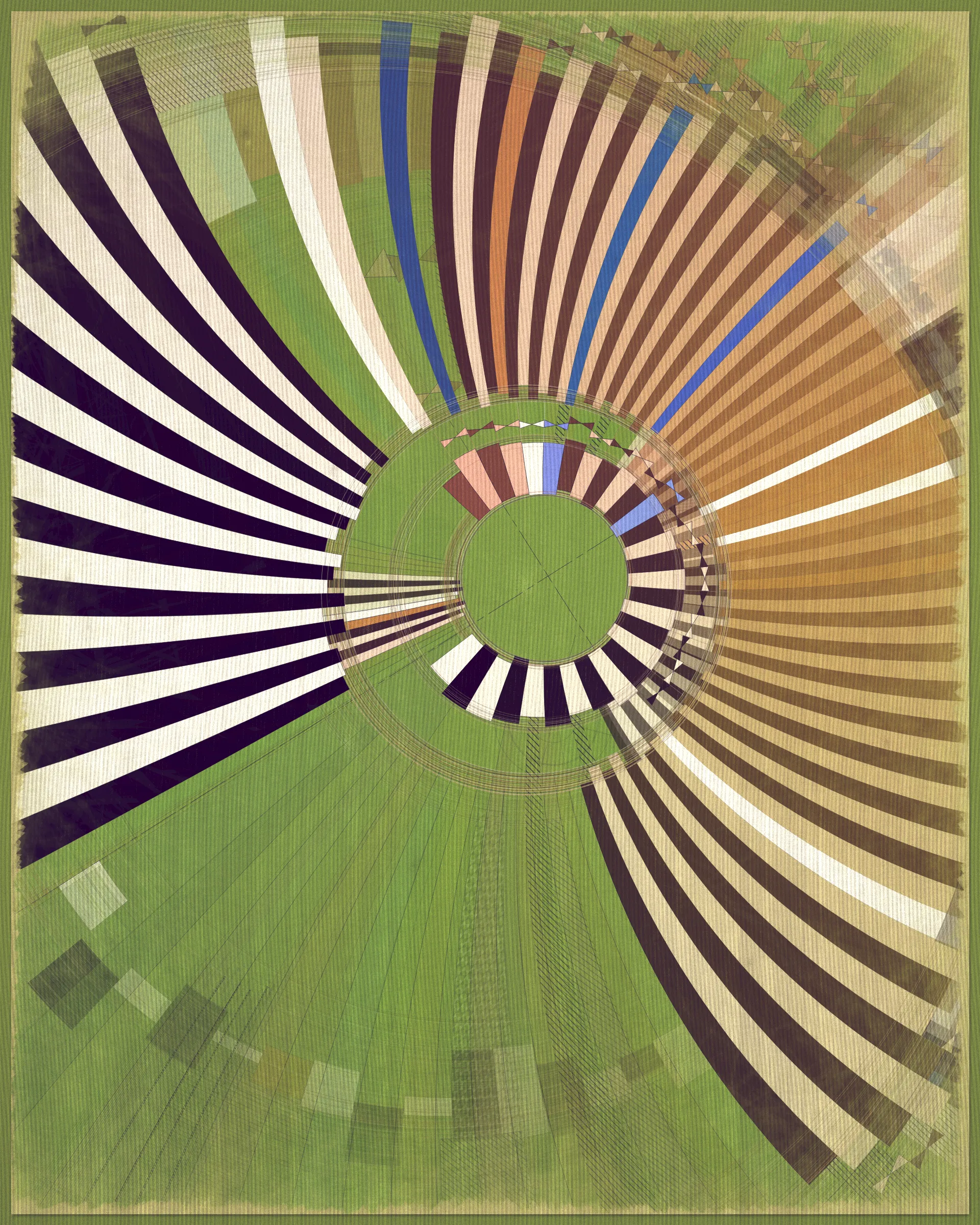 Fontana is Latin for fountain. 

This project is a playful attempt at abstractly capturing the flowing movement of a fountain using precisely drawn elements that evoke a static and considered rendering of a subject that is in constant flux. The visual language is reminiscent of hand-draughted technical drawing, a precise and methodical practice that progresses at a radically different pace to the flowing and capricious movement of water. To increase this tension between dynamic motion and static mechanical process I wanted the surface textures to appear worn and aged like a drawing that has spent its life in the bottom of a mechanics drawer. This process of abrasion and discoloration is occurring on yet another scale of time adding complexity to the references of time passing. 

Woven into the very fabric of Fontana is a fully generative solution for creating color expression. This means there is no reliance on preset palettes with every output being an entirely unique color articulation of the color story I want the project to reveal as a whole. Far from being random I attempted to create an approach which produces colors that evoke early 20th Century art and design media. With this intention I wanted  outputs to look like they could be working drawing artifacts from this period of time.