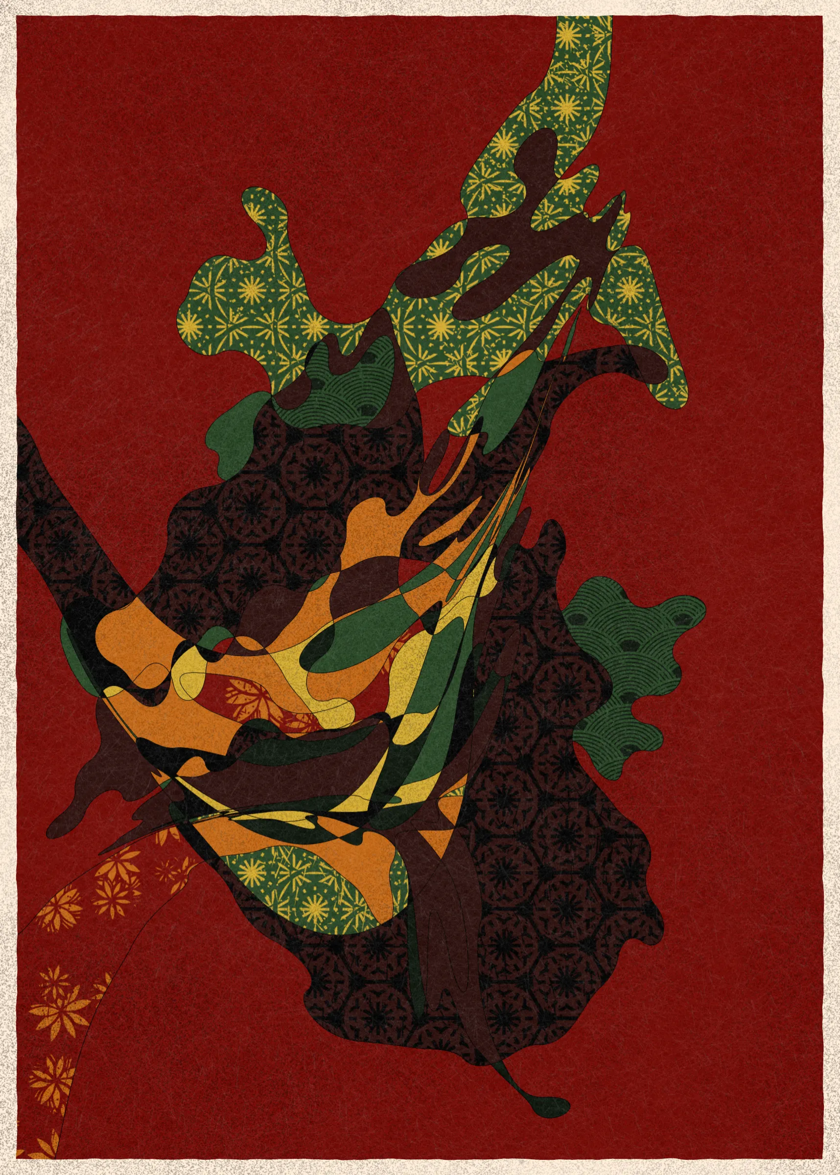 Memories of Qilin is inspired by traditional East Asian art. It channels the sense of movement and fluidity found in classical Chinese brushwork, while drawing from the colors, patterns, and forms of ukiyo-e woodblock prints. 

The series explores elements of folklore, evoking the mythological imagery of dragons, phoenixes, flowers, and mountains.  The title references a fabled chimerical beast found throughout East Asian mythology (while the qilin is its Chinese name, it is also known in Korea as the girin and Japan as the kirin) that represents prosperity and luck.

Viewers are invited to interpret elusive forms that verge on representation. As with the stories passed on through generations, each piece is imagined, organic, and ever-in-flux.