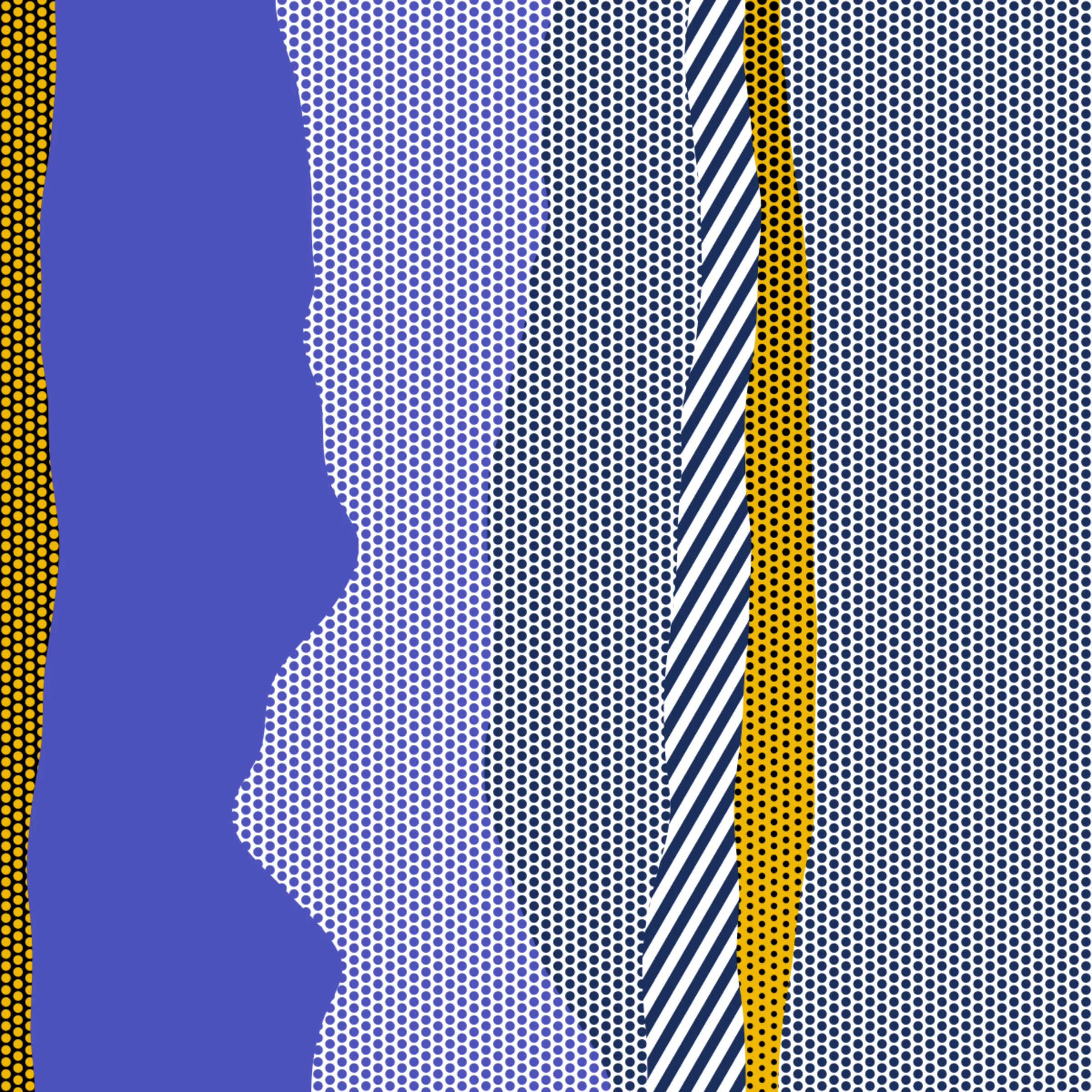 An ode to Roy Lichtenstein, incorporating his iconic version of Ben-Day dots, halftone dots, angled stripes, and solid color patches. Inspired by Roy's sea and landscape paintings, each artwork generates a unique combination of patterns, shapes, and colors.
