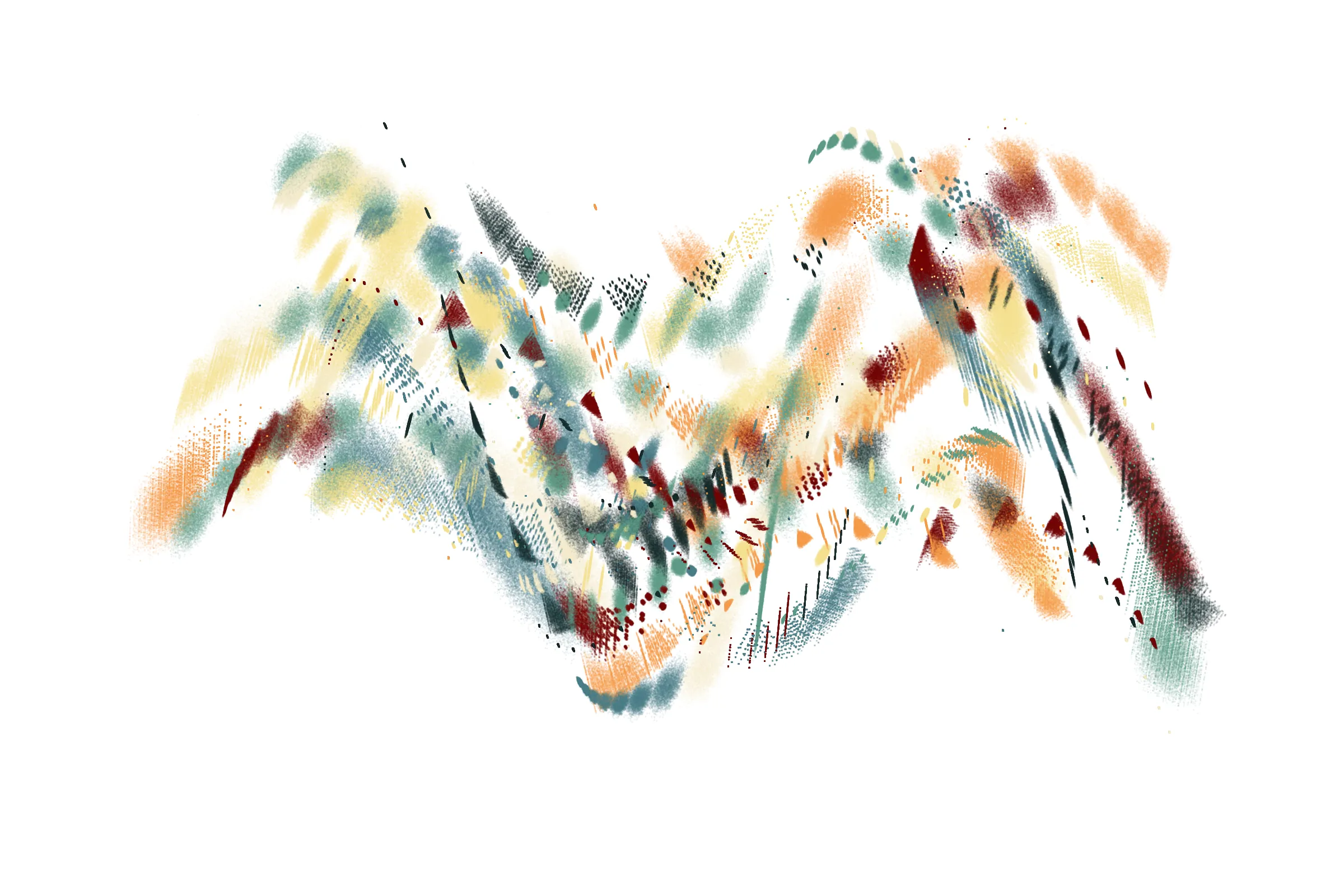 "Attraction" is a system that draws single pixels, one by one, according to a set of rules inspired by the 'Chaos Game'.
Additionally, trigonometric functions may be used to displace pixels, resulting in wave patterns.

All unique properties of each artwork are defined by the token's hash. This hash will set all the parameters: the color palette, the positioning of objects and the rules by which pixels are drawn.

By the nature of this system, several well known patterns from computing and math may appear in the artworks.