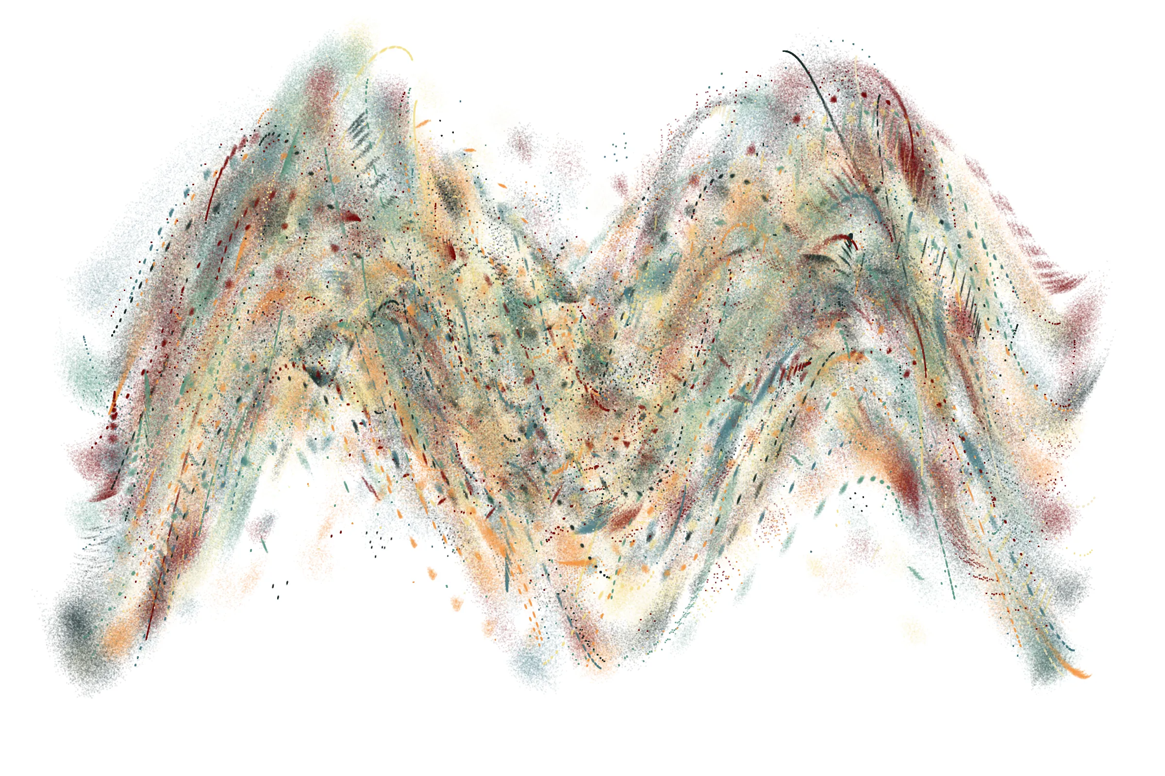 "Attraction" is a system that draws single pixels, one by one, according to a set of rules inspired by the 'Chaos Game'.
Additionally, trigonometric functions may be used to displace pixels, resulting in wave patterns.

All unique properties of each artwork are defined by the token's hash. This hash will set all the parameters: the color palette, the positioning of objects and the rules by which pixels are drawn.

By the nature of this system, several well known patterns from computing and math may appear in the artworks.