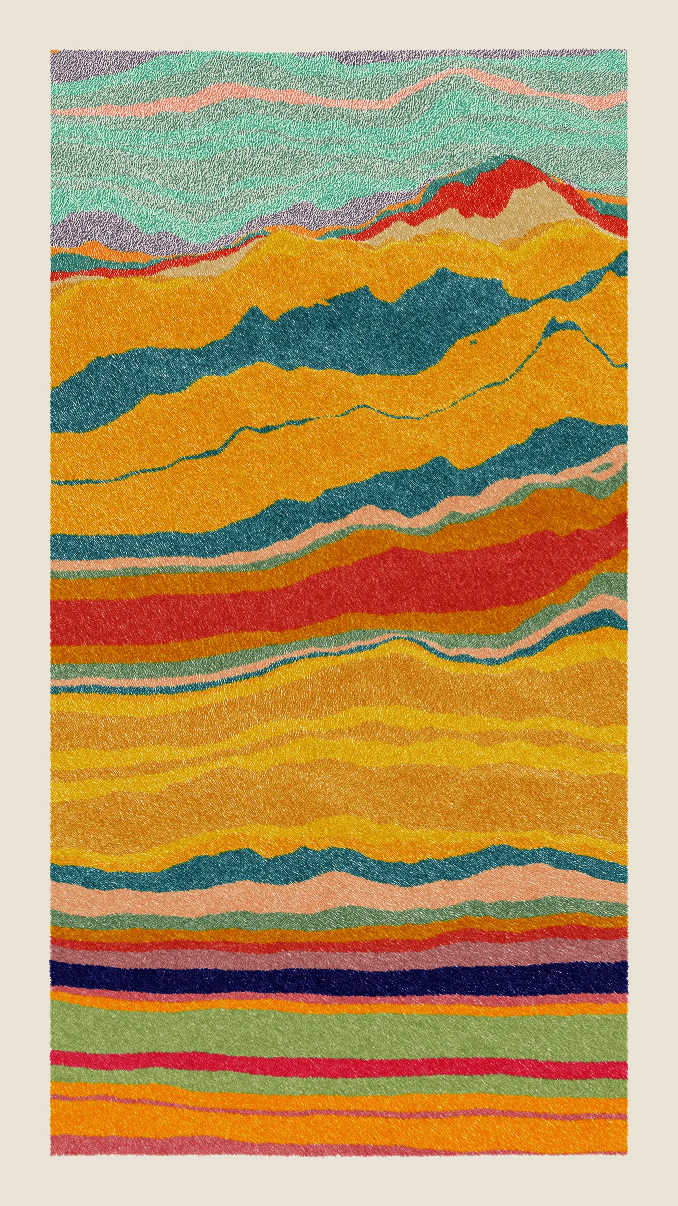 Stratified landforms constructed from many small strokes of colour. The hash of each token describes a coordinate within a multidimensional generative space, locating a unique composition that lies along one of many possible longitudes.