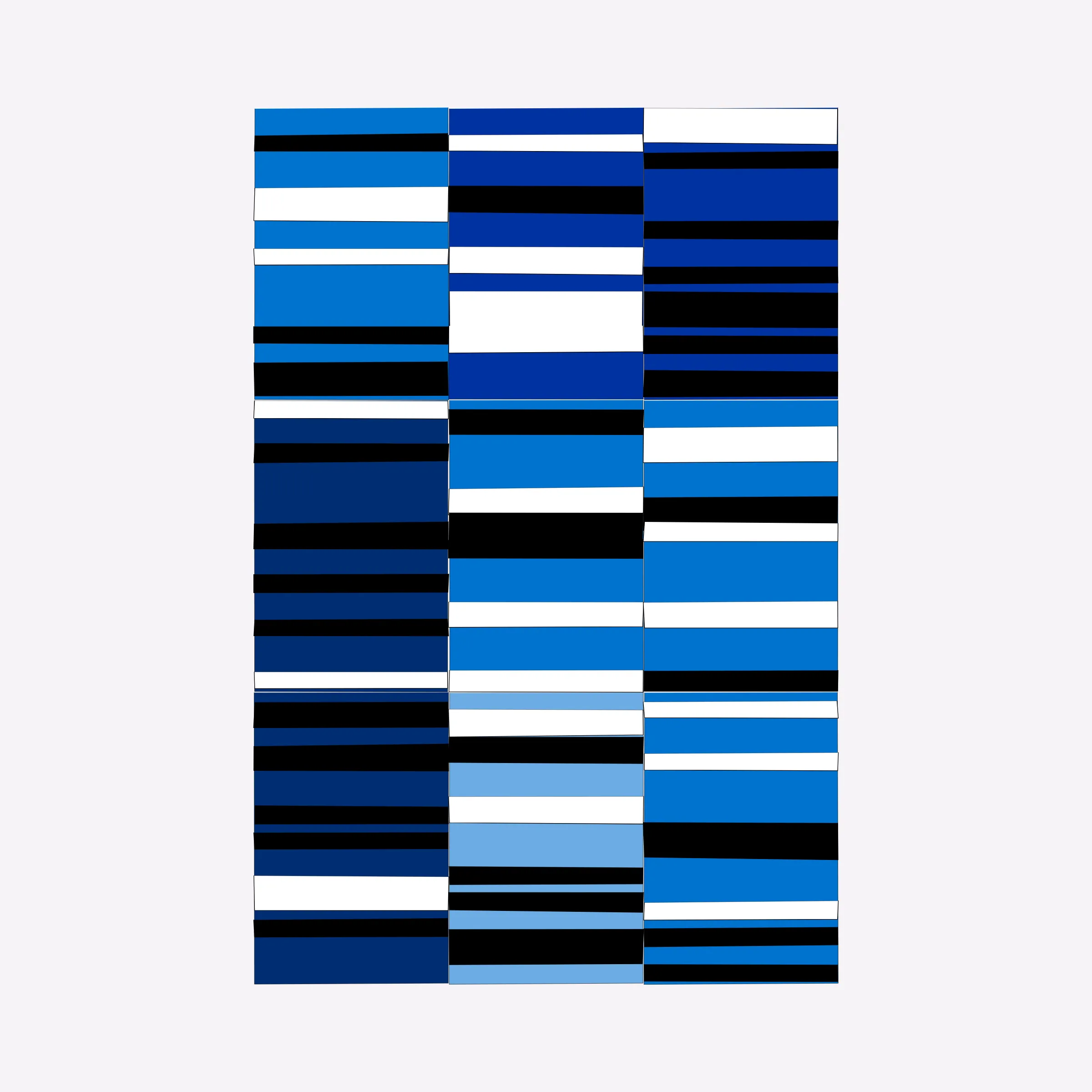 Attempts at perfection are destined to fail. This project embraces the impossibility of perfection in human execution and digitally simulates these imperfections.

In his abstract minimalist work, visual artist Wouter Kalis steers away from meaning. Horizontal black and white paper strips are placed on colored paper panels and one strip dictates the placing of the next. However, each attempt at perfection ends in failure. These mistakes have now become the signature of his work and contribute to the depth of content.

Digital representations of minimalist art can be executed to perfection but are less interesting to look at. In this project, artist Wouter Kalis and his son, software engineer Rosco Kalis, together attempt to recreate the human touch in digital art, the imperfection. 

The project displays computer-generated digital works similar to the physical works made out of paper. The colors of the digital panels are directly derived from the colors of the paper used for the physical work. The digital works can thus be reproduced using real paper. Please see the project website for details if you're interested in purchasing a handmade physical reproduction of your NFT.