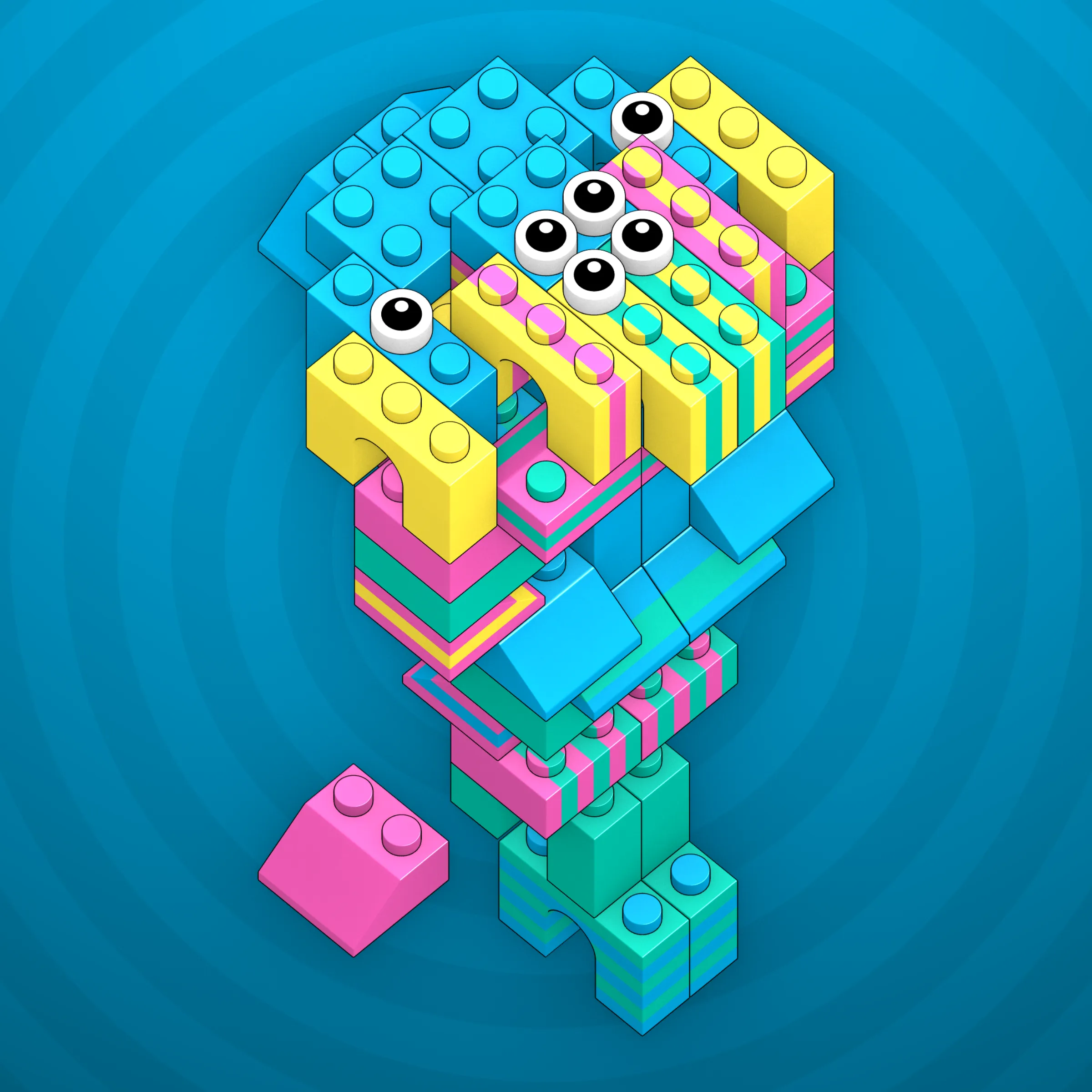 The project focuses on how easily one assigns meaning to seemingly random combinations of blocks, giving them personality and creating emotional connections.

I was inspired by Ringers, in which people see animals and other characters. I wanted to amplify this quality, and the idea of sculptures made of blocks clicked! Endless combinations, funny characters, and my passion for cubes, voxels, and modular systems.

To make the sculptures, I used technique of hybrid voxel raymarching, so we can say, the sculptures are made of colored void in a reflected space. Some of them may seem impossible due to the lack of perspective, but sooner or later it all clicks! It helps to keep in mind that all shapes are symmetrical.

The script uses modern features of GPU so it's supposed to work only on desktop: Chrome, Firefox or Safari