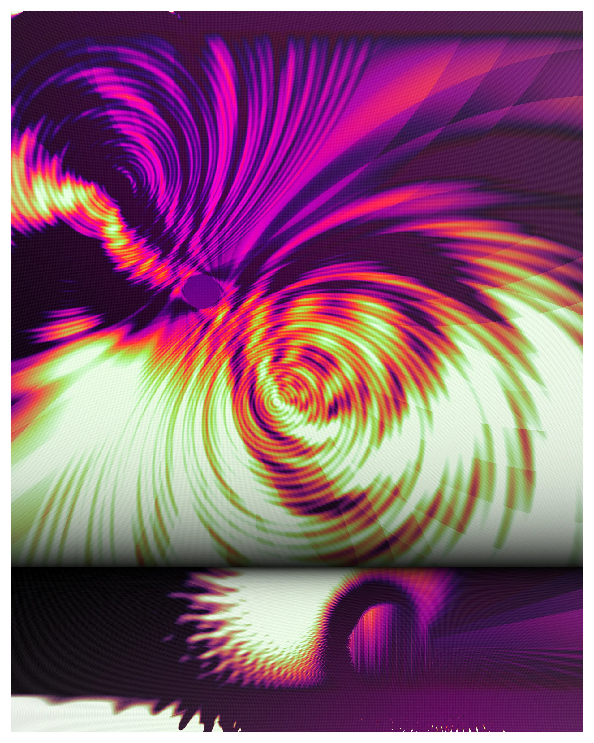 A photon is a particle representing a quantum of light. Because it travels at the speed-of-light, time and space as we understand it do not exist for this elementary particle. The Big Bang was less than an instant ago for the photon and yet it has already traversed the cosmos. Time and space to it is what? It's hard to say. The word non-dual comes to mind.

Some components in Photon’s Dream look like images from an electron microscope. Other parts have a more cosmic or planetary vista. Juxtaposing both creates tension and intrigue where the boundary between fine texture and grand architecture becomes blurred.

The expression ‘One in all: all in one’ is somehow embodied in the wavefield primitives used to make this art. Art that aspires to create both holistic simplicity and the mystery of deep complexity. The quasicrystal and hyperbolic geometry employed here are subjects to the artist that express what is beyond macro and micro, internal and external and ultimately self and other.