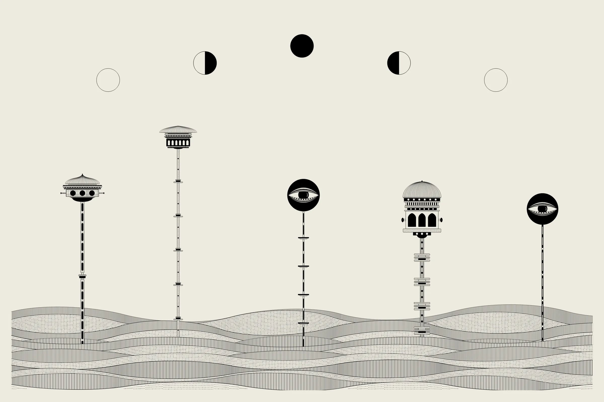 _Alan Ki Aankhen_ is an exploration of other-worldly cityscapes in the visual aesthetic of Fahad’s distinct style with pen and paper. The title, translated as _Alan’s Eyes_, alludes to Alan Turing’s machine intelligence test - a thought experiment foreshadowing a moment in which we can no longer differentiate between the real and the artificial. Though first proposed in 1950, the topic feels especially relevant today, as even our creative practices are being carried by shifting technological tides.

The algorithms and decision-making encoded into this generative art project intentionally imitate Fahad’s approach on traditional mediums - composition rules, textures, and overall themes. The visual elements are inspired by Fahad’s memories from his nomadic life. You’ll find intricate windows from Rajasthan, massive Egyptian pyramids rising from the horizon, a density of civilization only seen in New York, and the moon - a comforting and shared sight no matter where you stand.