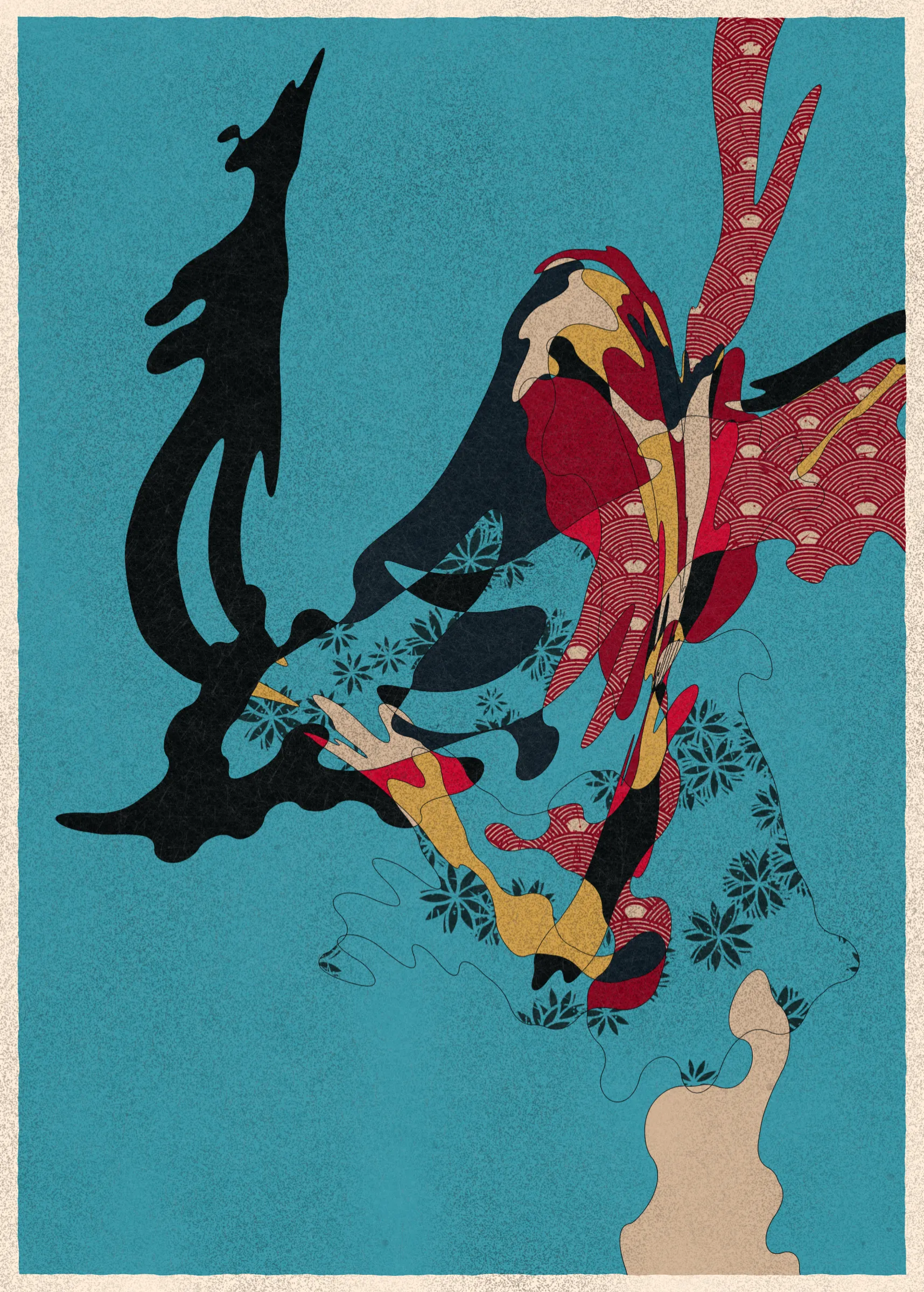 Memories of Qilin is inspired by traditional East Asian art. It channels the sense of movement and fluidity found in classical Chinese brushwork, while drawing from the colors, patterns, and forms of ukiyo-e woodblock prints. 

The series explores elements of folklore, evoking the mythological imagery of dragons, phoenixes, flowers, and mountains.  The title references a fabled chimerical beast found throughout East Asian mythology (while the qilin is its Chinese name, it is also known in Korea as the girin and Japan as the kirin) that represents prosperity and luck.

Viewers are invited to interpret elusive forms that verge on representation. As with the stories passed on through generations, each piece is imagined, organic, and ever-in-flux.