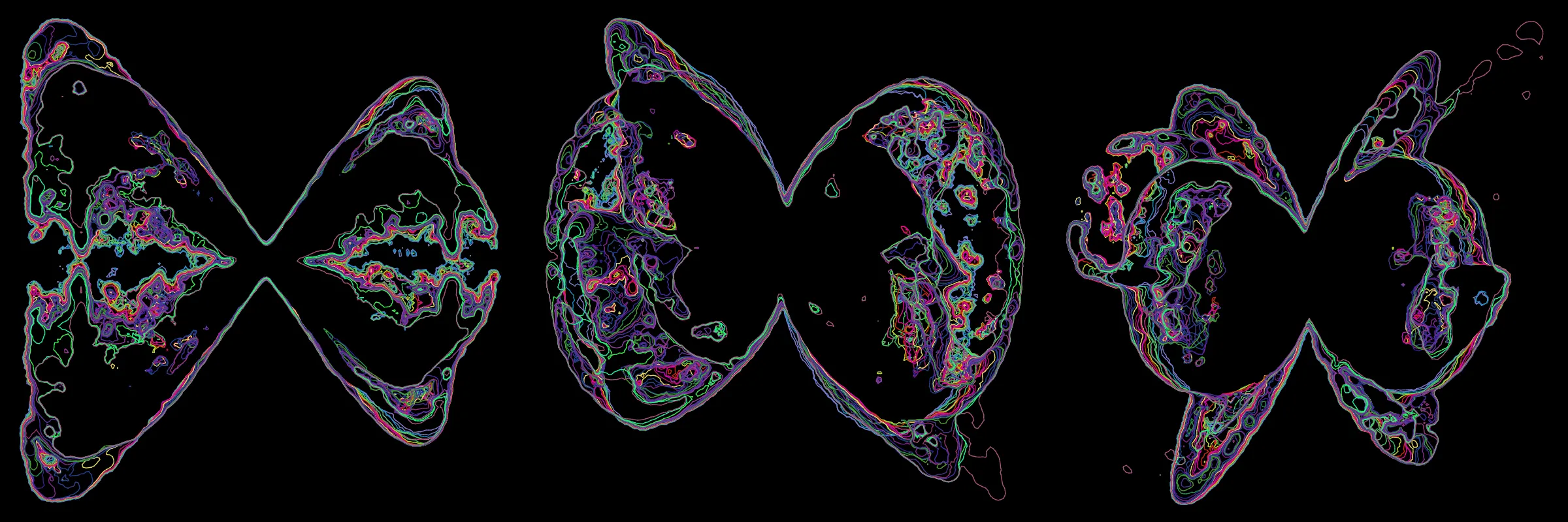 Primordial presents forms as diverse as those found in the natural world. The emergent system powering Primordial is capable of generating this diversity but is hard to control. After the initial generation there is a curation step; forms must meet certain criteria or the algorithm replaces them.

The forms produced by Primordial are presented in a triptych, as comparing multiple outputs is fundamental to understanding a generative algorithm. Primordial attempts to generate triptychs where the individual forms are related, and the results can be surprisingly harmonious or discordant.

Once the triptych is finalized, click on one of the forms to redraw a previous image. Press s to save the entire triptych, or 1-3 to save an individual image.