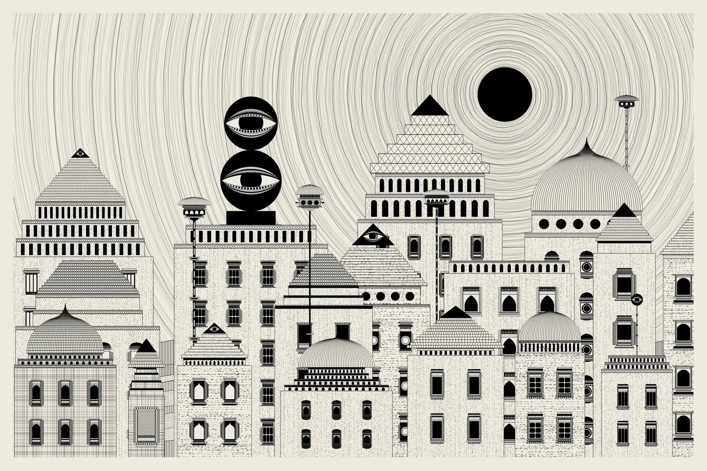 _Alan Ki Aankhen_ is an exploration of other-worldly cityscapes in the visual aesthetic of Fahad’s distinct style with pen and paper. The title, translated as _Alan’s Eyes_, alludes to Alan Turing’s machine intelligence test - a thought experiment foreshadowing a moment in which we can no longer differentiate between the real and the artificial. Though first proposed in 1950, the topic feels especially relevant today, as even our creative practices are being carried by shifting technological tides.

The algorithms and decision-making encoded into this generative art project intentionally imitate Fahad’s approach on traditional mediums - composition rules, textures, and overall themes. The visual elements are inspired by Fahad’s memories from his nomadic life. You’ll find intricate windows from Rajasthan, massive Egyptian pyramids rising from the horizon, a density of civilization only seen in New York, and the moon - a comforting and shared sight no matter where you stand.