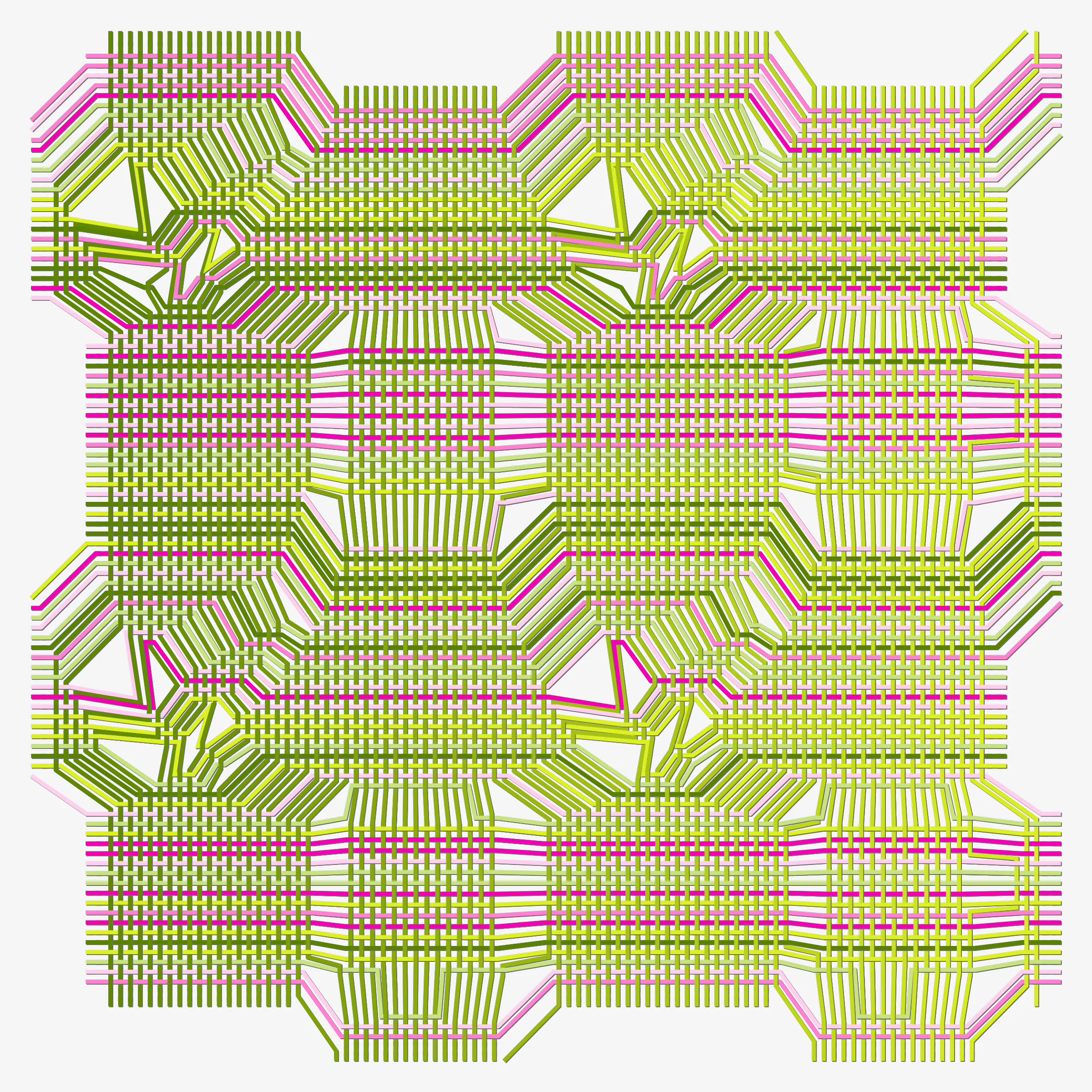 Horizontal and vertical threads weave together guided by a punching card generated at the moment of transaction. Often randomness distorts the orderly woven pattern. Thread colours are picked from a single colour palette. 10% of the sales from this drop will be donated to charity: water to bring clean and safe water to people in need.