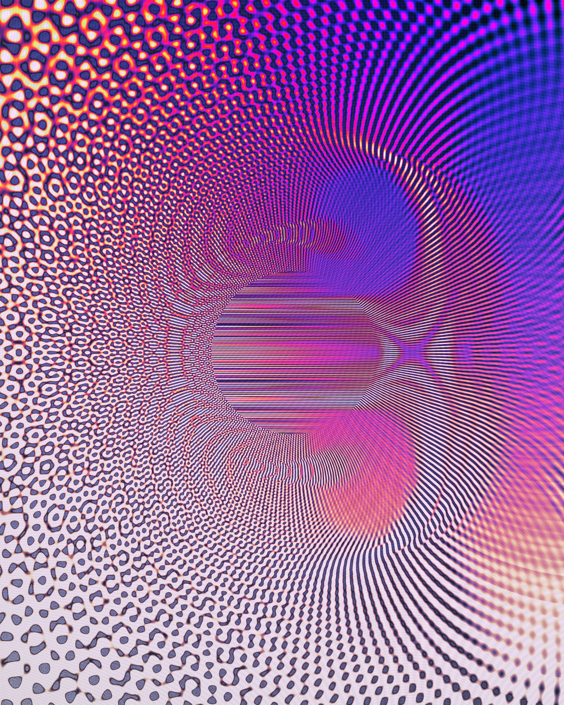 A photon is a particle representing a quantum of light. Because it travels at the speed-of-light, time and space as we understand it do not exist for this elementary particle. The Big Bang was less than an instant ago for the photon and yet it has already traversed the cosmos. Time and space to it is what? It's hard to say. The word non-dual comes to mind.

Some components in Photon’s Dream look like images from an electron microscope. Other parts have a more cosmic or planetary vista. Juxtaposing both creates tension and intrigue where the boundary between fine texture and grand architecture becomes blurred.

The expression ‘One in all: all in one’ is somehow embodied in the wavefield primitives used to make this art. Art that aspires to create both holistic simplicity and the mystery of deep complexity. The quasicrystal and hyperbolic geometry employed here are subjects to the artist that express what is beyond macro and micro, internal and external and ultimately self and other.