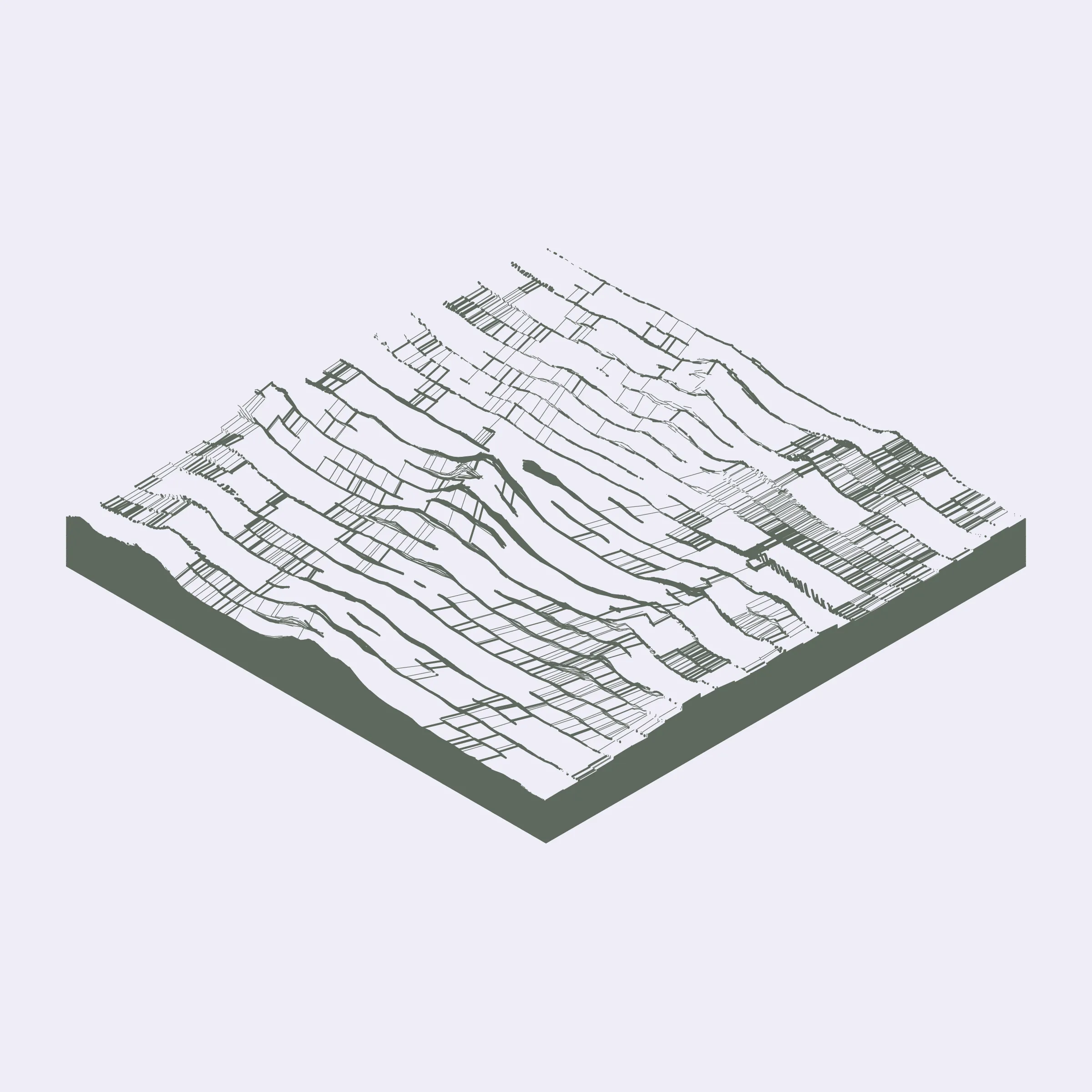 A generative algorithm that draws the impression of a landscape from a multitude of possibilities. The unique seed from each token drives the parametric assortment of lines, colors, and forms into a constructed composition.