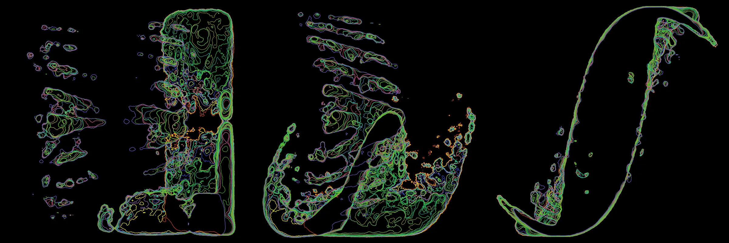 Primordial presents forms as diverse as those found in the natural world. The emergent system powering Primordial is capable of generating this diversity but is hard to control. After the initial generation there is a curation step; forms must meet certain criteria or the algorithm replaces them.

The forms produced by Primordial are presented in a triptych, as comparing multiple outputs is fundamental to understanding a generative algorithm. Primordial attempts to generate triptychs where the individual forms are related, and the results can be surprisingly harmonious or discordant.

Once the triptych is finalized, click on one of the forms to redraw a previous image. Press s to save the entire triptych, or 1-3 to save an individual image.