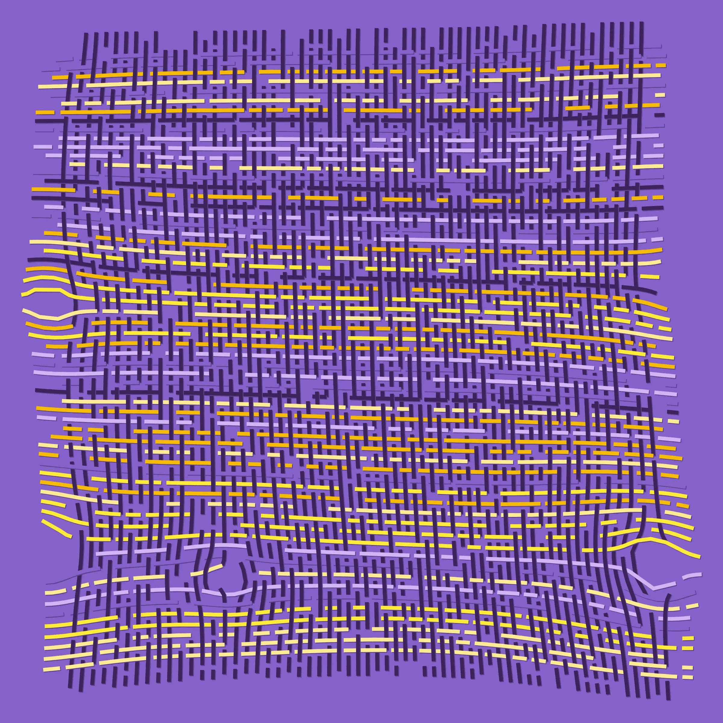 Horizontal and vertical threads weave together guided by a punching card generated at the moment of transaction. Often randomness distorts the orderly woven pattern. Thread colours are picked from a single colour palette. 10% of the sales from this drop will be donated to charity: water to bring clean and safe water to people in need.