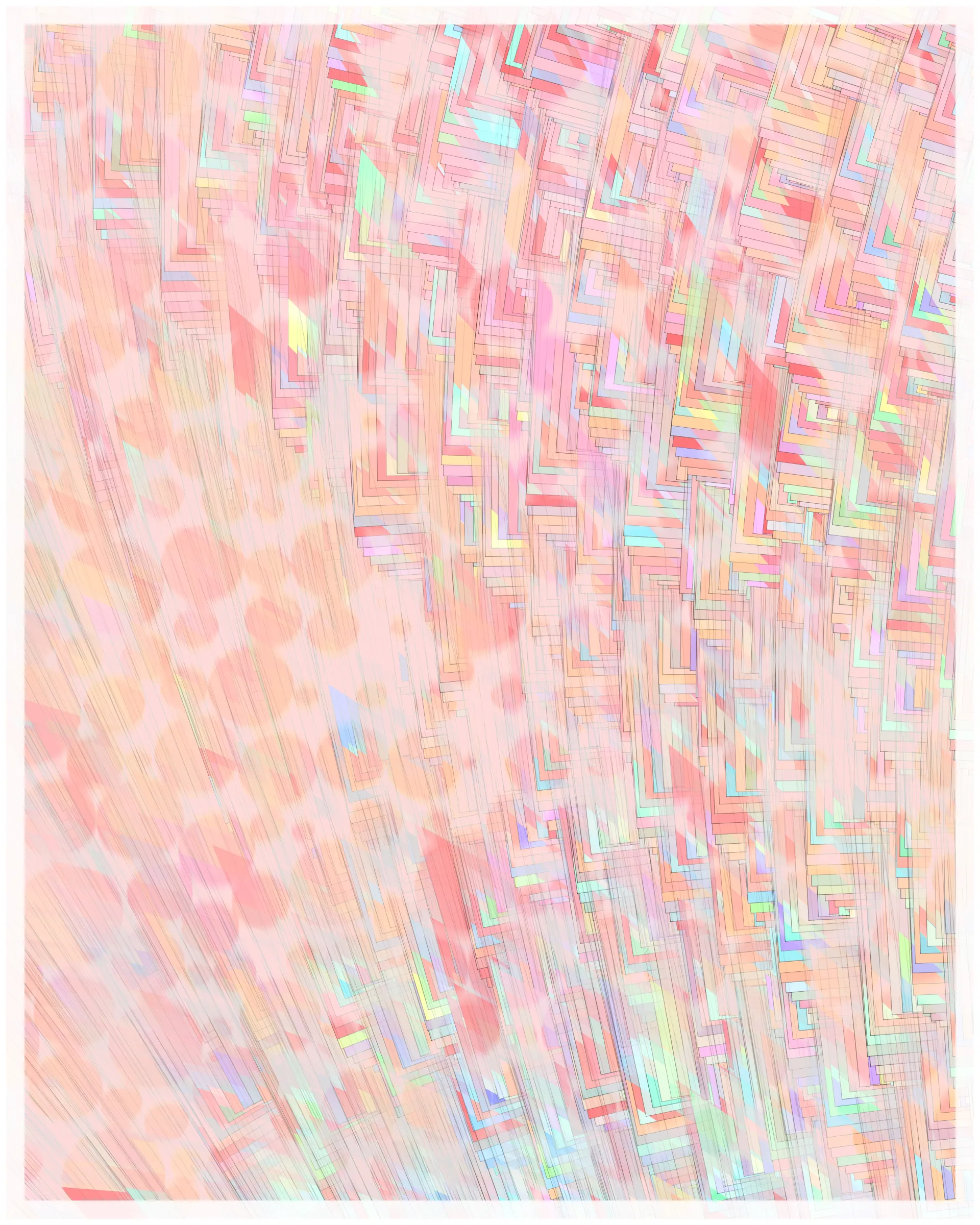 _There are no artifacts. There are only interpretations._

Glass is about the illusion of simplicity that cocoons us in our everyday existence. A glance at Glass may suggest a foam of bubbles or pebbles under clear water. But on inspection, these simple pictures dissolve. Instead of disks one finds stacked panes of translucent glass, intersecting and overlapping. There is dissonance between fine-scale chaos and the harmony of the aggregate. In Glass, two levels of reality -- panes of glass and the foam of bubbles -- are brought close together in scale, so that our oversimplified impression yields a palpable disquiet.

What appears simple is often anything but. Consider a standard wooden desk. To our eyes, it looks solid and continuous, but we know that it is made of atoms, tiny electrons orbiting nuclei. And these subatomic particles are themselves not like miniature solar systems, but creatures of quantum mechanics, stranger than we can imagine. The vast difference in scale between the atomic and the macroscopic hides this complex reality, but fundamentally it is the same phenomenon shown here.

Glass continues my exploration of emergence. While in previous work I explored how simple systems can create complex, emergent forms, here the interest is in the converse: how coherence is often deceptive, masking a complex underlying reality.

Glass draws on the aesthetic of Shin Hanga artists Hiroshi Yoshida and Kawase Hasui, and abstract expressionist Sonja Sekula. In live view, Glass has ambient motion: the shadows evolve, imperceptibly slowly.

The following variations & controls are possible. You may need to click on the canvas before they are active. For a high-resolution output, use the pixel density controls. For example, on a standard laptop, an image saved at pixel density 5 will be approximately 3200 x 4000 pixels, and therefore suitable for printing at ~ 11" x 13" at 300 dpi.

Variations (require redrawing):

f -- fit-to-screen on/off
o -- outline on/off

Controls:

s   -- save as png
spacebar  -- pause/unpause ( useful to reduce CPU load in Live mode )
b -- border on/off ( useful for printing )
1-9  -- set pixel density (default=2 on retina displays)
+/-  -- increase/decrease pixel density