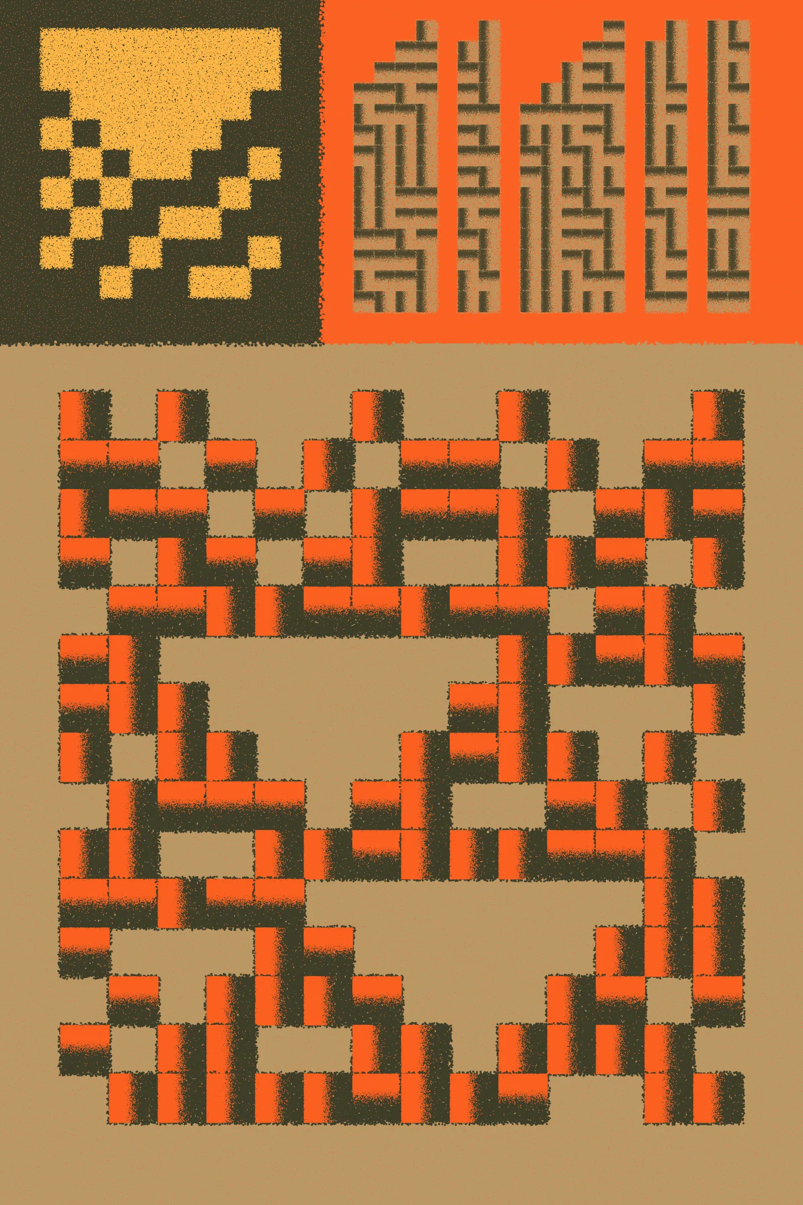 Fermented Fruit is a generative art series designed to live on the Ethereum blockchain and to be rendered in real-time by the browser. Just as food is transformed by microorganisms during the process of fermentation, the substrate of the HTML canvas is broken up into parts and transformed by cellular patterns. The project features the simulated lifeforms of cellular automata that evolve and shape-shift down an asymmetrical grid. The final artwork juxtaposes a number of textured cellular automata patterns against one another within a singular composition.