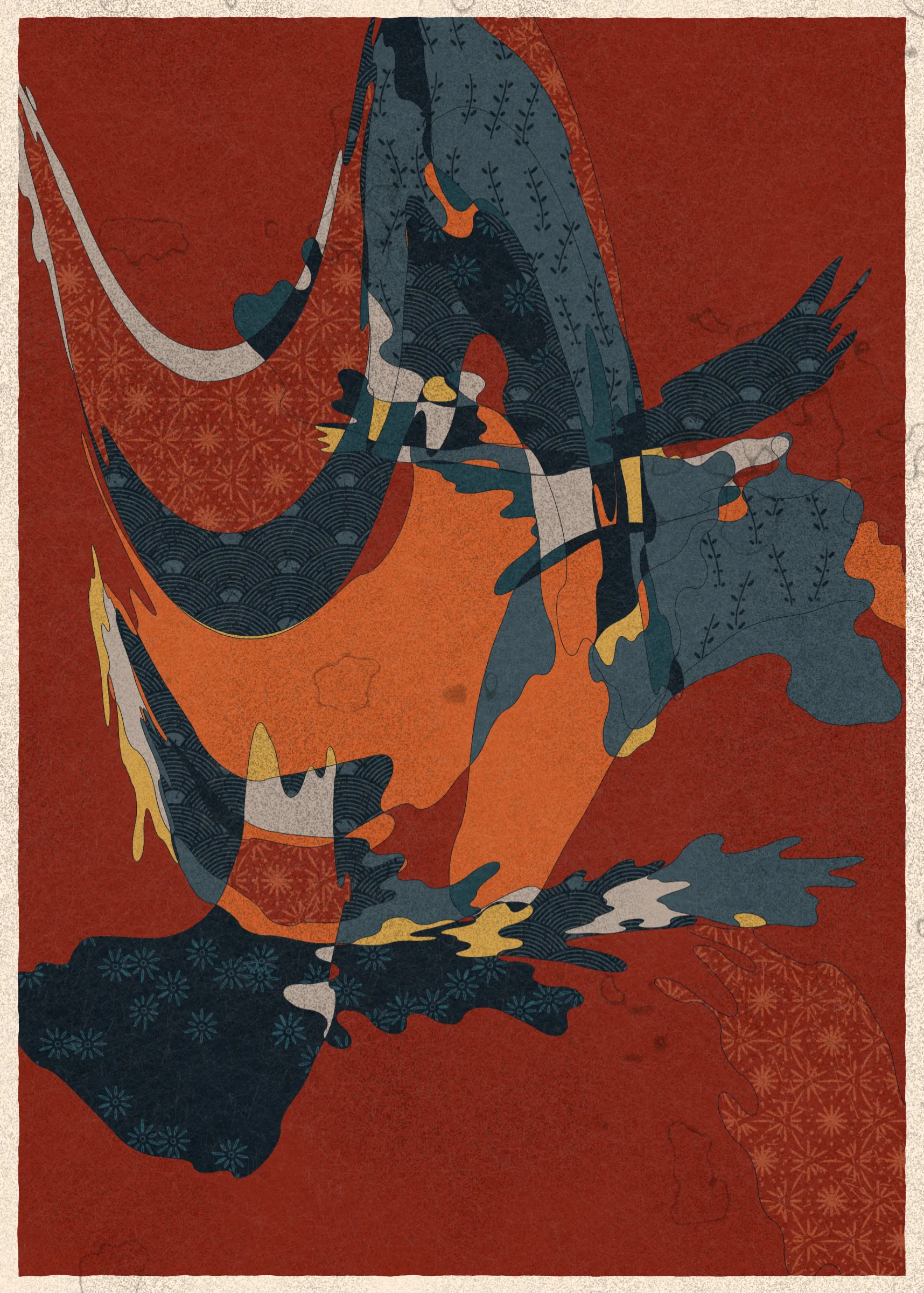 Memories of Qilin is inspired by traditional East Asian art. It channels the sense of movement and fluidity found in classical Chinese brushwork, while drawing from the colors, patterns, and forms of ukiyo-e woodblock prints. 

The series explores elements of folklore, evoking the mythological imagery of dragons, phoenixes, flowers, and mountains.  The title references a fabled chimerical beast found throughout East Asian mythology (while the qilin is its Chinese name, it is also known in Korea as the girin and Japan as the kirin) that represents prosperity and luck.

Viewers are invited to interpret elusive forms that verge on representation. As with the stories passed on through generations, each piece is imagined, organic, and ever-in-flux.