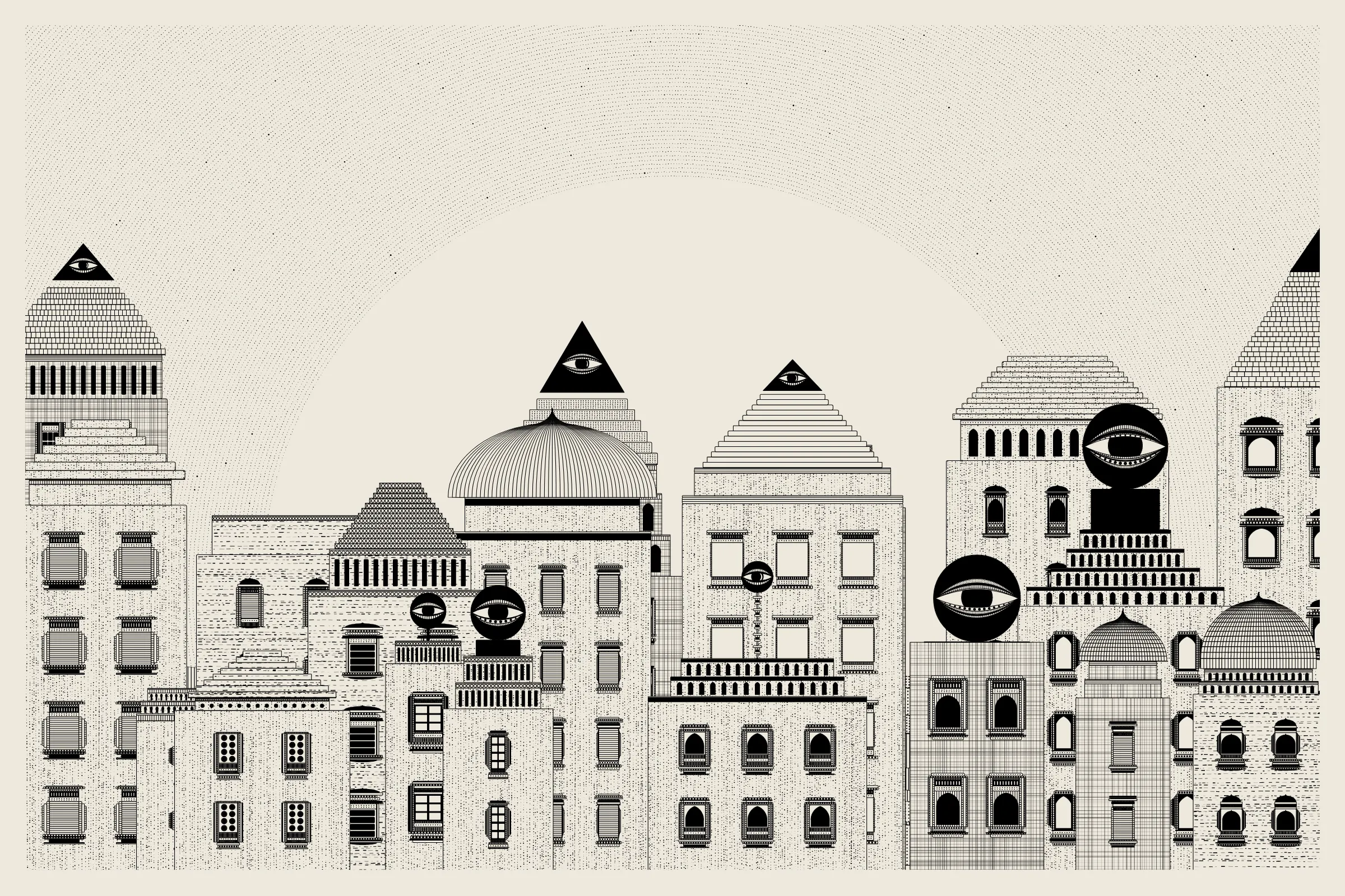 _Alan Ki Aankhen_ is an exploration of other-worldly cityscapes in the visual aesthetic of Fahad’s distinct style with pen and paper. The title, translated as _Alan’s Eyes_, alludes to Alan Turing’s machine intelligence test - a thought experiment foreshadowing a moment in which we can no longer differentiate between the real and the artificial. Though first proposed in 1950, the topic feels especially relevant today, as even our creative practices are being carried by shifting technological tides.

The algorithms and decision-making encoded into this generative art project intentionally imitate Fahad’s approach on traditional mediums - composition rules, textures, and overall themes. The visual elements are inspired by Fahad’s memories from his nomadic life. You’ll find intricate windows from Rajasthan, massive Egyptian pyramids rising from the horizon, a density of civilization only seen in New York, and the moon - a comforting and shared sight no matter where you stand.
