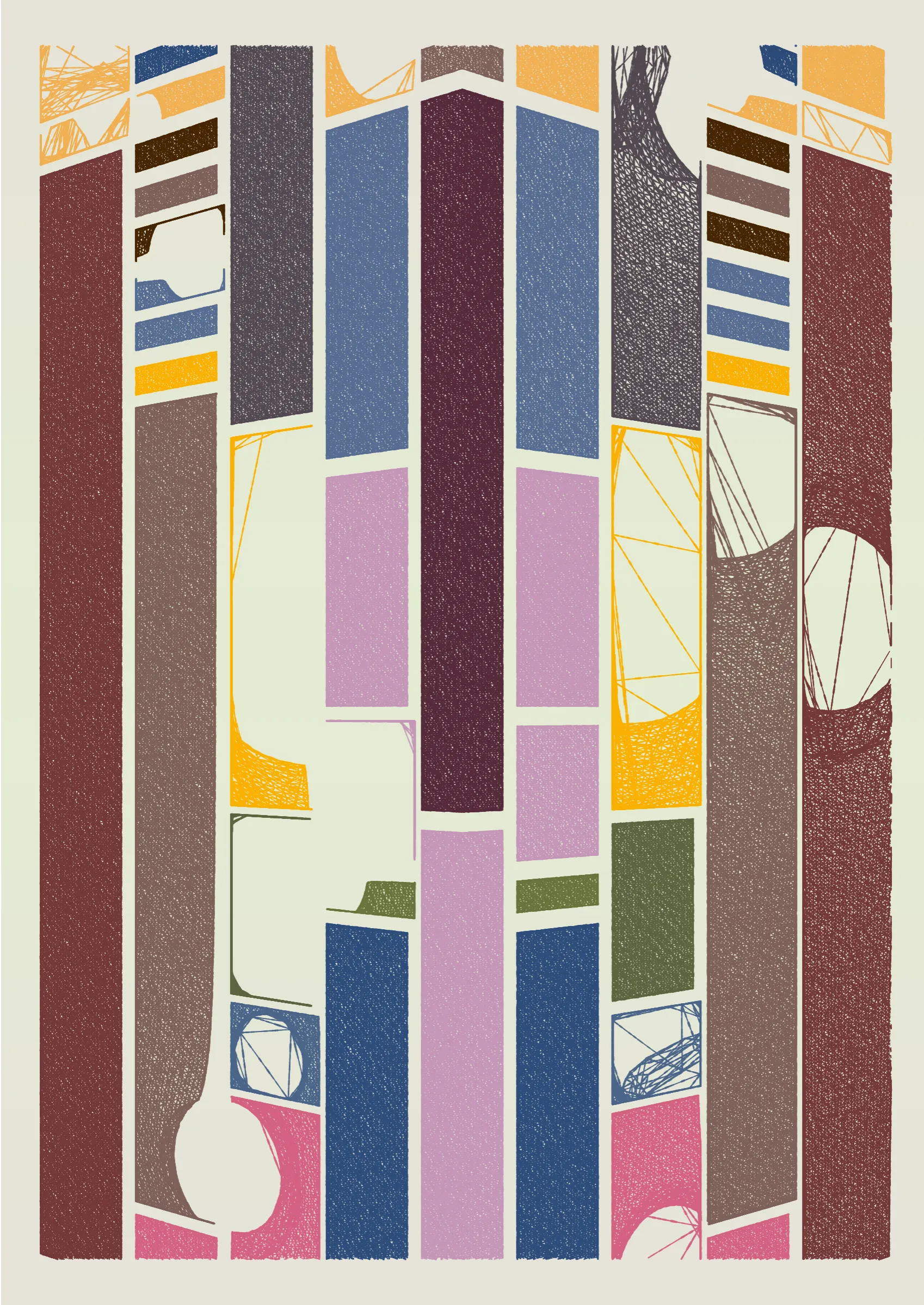 "Edifice" is a series of 976 massive, deteriorating structures built on strange terrain. It is an exploration of buildings being conceptualized, constructed, and eroded away under a wide variety of conditions. Edifice's outputs run the gamut between minimal and maximal, with some showing few large, static blocks of color, and others many small, highly textured and warped shapes. Each image is progressively constructed in front of the viewer's eyes. It is a system full of surprises that I'm excited to share with the world.