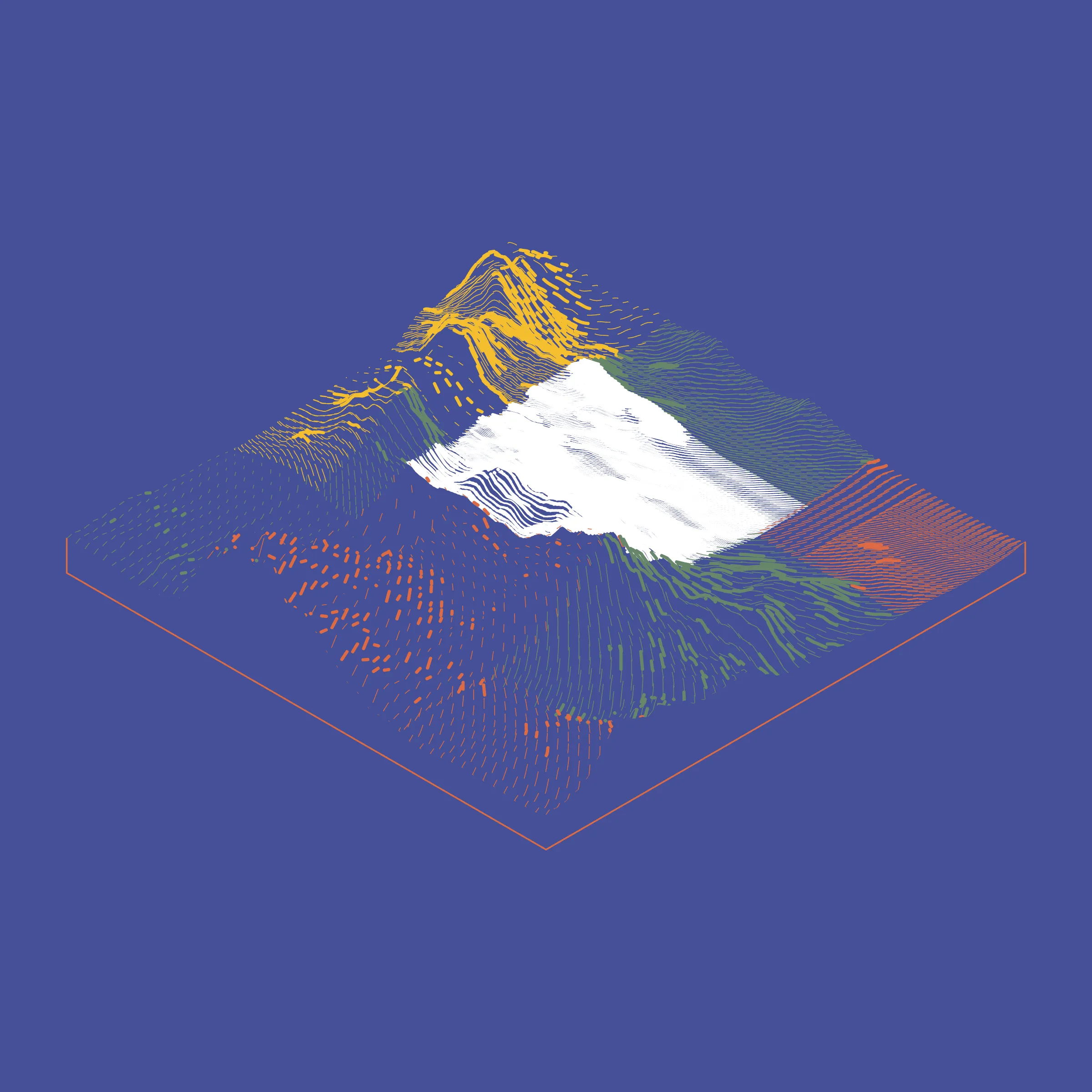 A generative algorithm that draws the impression of a landscape from a multitude of possibilities. The unique seed from each token drives the parametric assortment of lines, colors, and forms into a constructed composition.