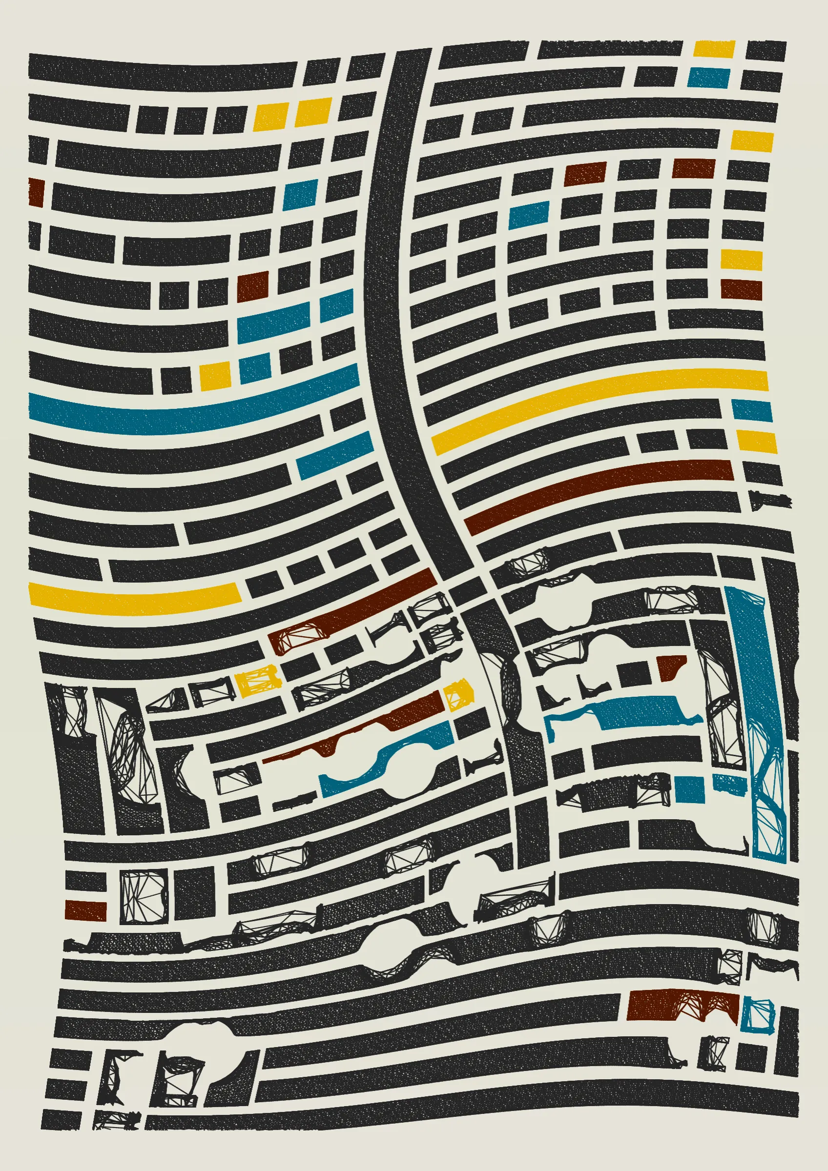 "Edifice" is a series of 976 massive, deteriorating structures built on strange terrain. It is an exploration of buildings being conceptualized, constructed, and eroded away under a wide variety of conditions. Edifice's outputs run the gamut between minimal and maximal, with some showing few large, static blocks of color, and others many small, highly textured and warped shapes. Each image is progressively constructed in front of the viewer's eyes. It is a system full of surprises that I'm excited to share with the world.