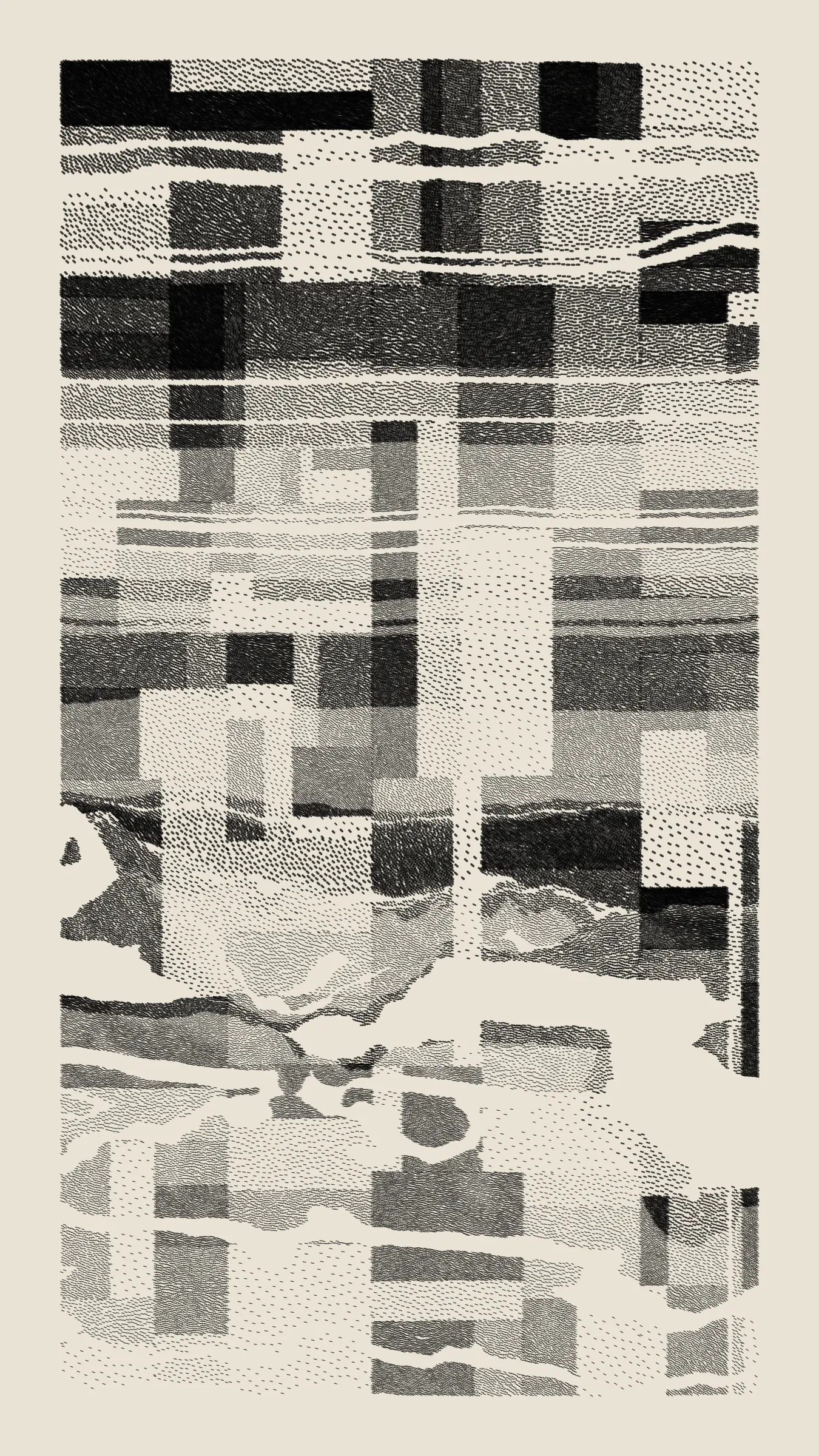 Stratified landforms constructed from many small strokes of colour. The hash of each token describes a coordinate within a multidimensional generative space, locating a unique composition that lies along one of many possible longitudes.