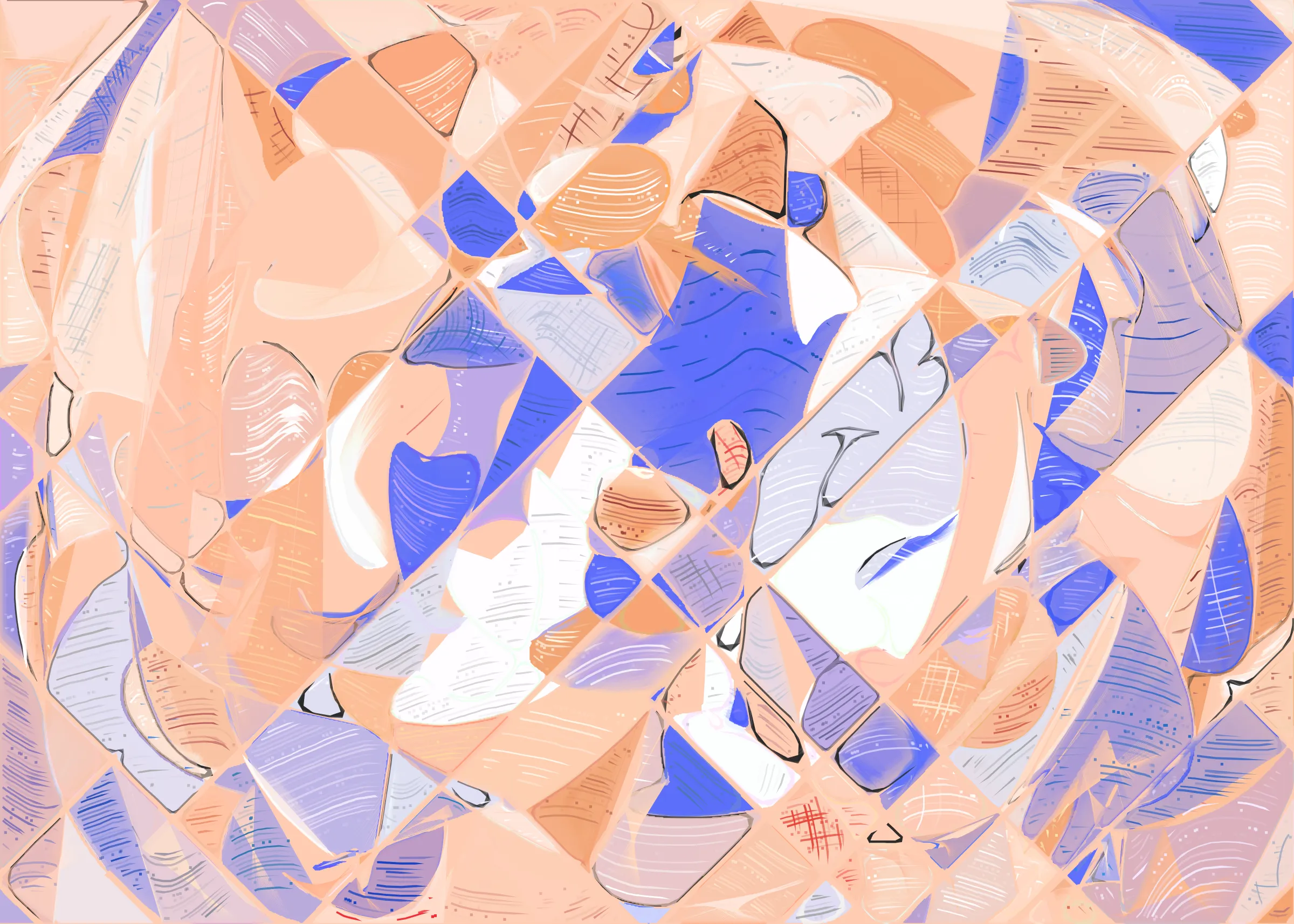 **Running Moon** depicts the nuanced interaction between clouds and moonlight. It is a search for boundaries between structure and fluidity, precision and errors. It is a quest for harmony. 

The rendering of **Running Moon** is inspired by stained glass and watercolor. It captures the sharpness of the glass and the softness of light using abstract forms. As organic shapes gradually expand to fill the space, brush-pen-like stripes solder these pieces together to form intricate compositions.