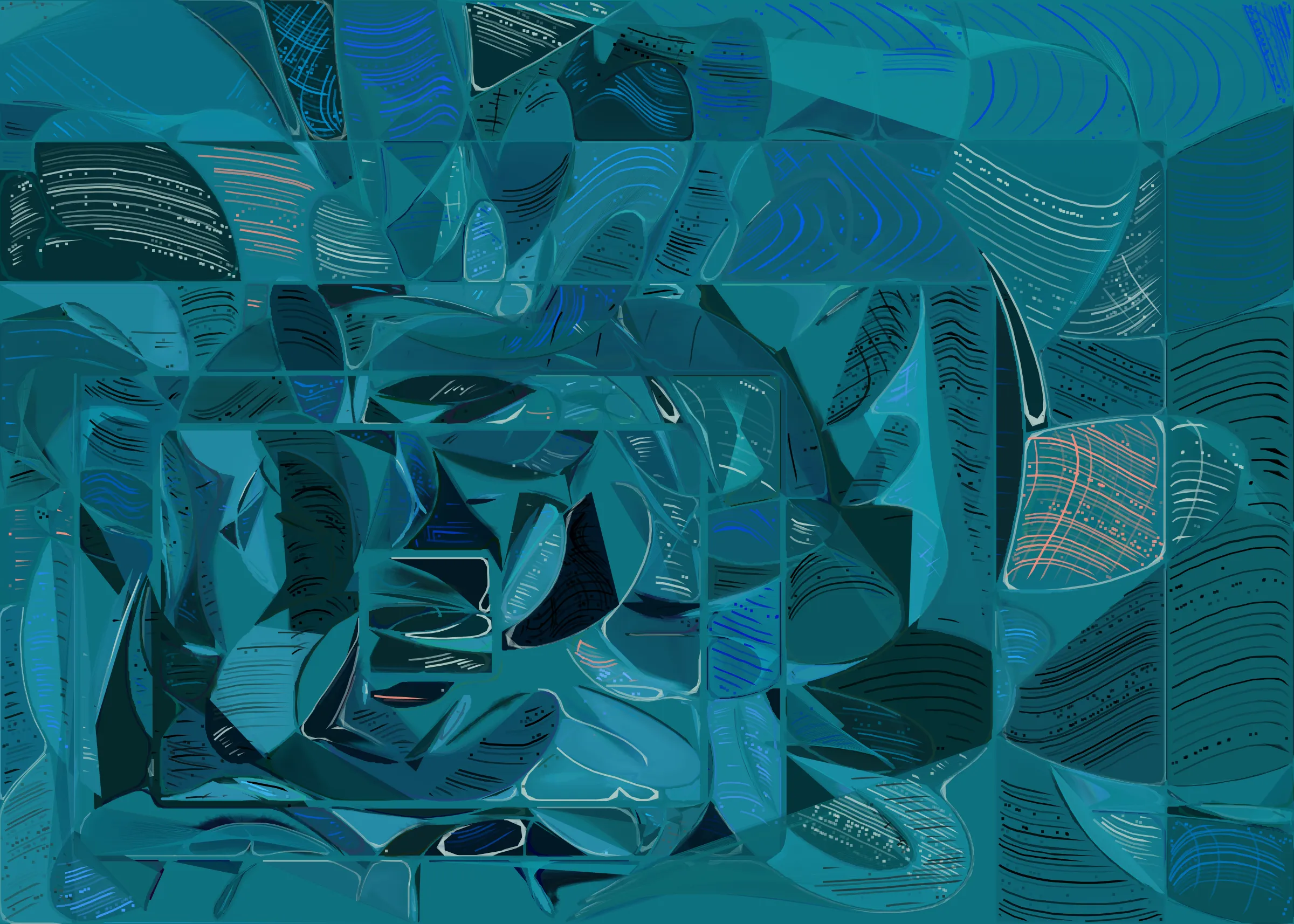 **Running Moon** depicts the nuanced interaction between clouds and moonlight. It is a search for boundaries between structure and fluidity, precision and errors. It is a quest for harmony. 

The rendering of **Running Moon** is inspired by stained glass and watercolor. It captures the sharpness of the glass and the softness of light using abstract forms. As organic shapes gradually expand to fill the space, brush-pen-like stripes solder these pieces together to form intricate compositions.