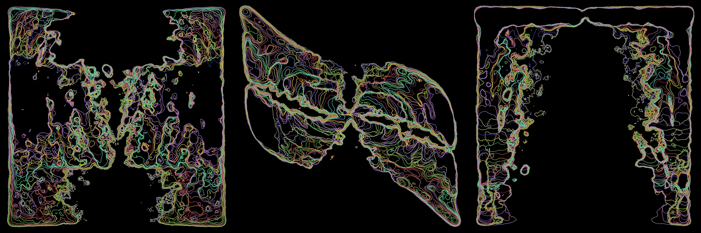 Primordial presents forms as diverse as those found in the natural world. The emergent system powering Primordial is capable of generating this diversity but is hard to control. After the initial generation there is a curation step; forms must meet certain criteria or the algorithm replaces them.

The forms produced by Primordial are presented in a triptych, as comparing multiple outputs is fundamental to understanding a generative algorithm. Primordial attempts to generate triptychs where the individual forms are related, and the results can be surprisingly harmonious or discordant.

Once the triptych is finalized, click on one of the forms to redraw a previous image. Press s to save the entire triptych, or 1-3 to save an individual image.
